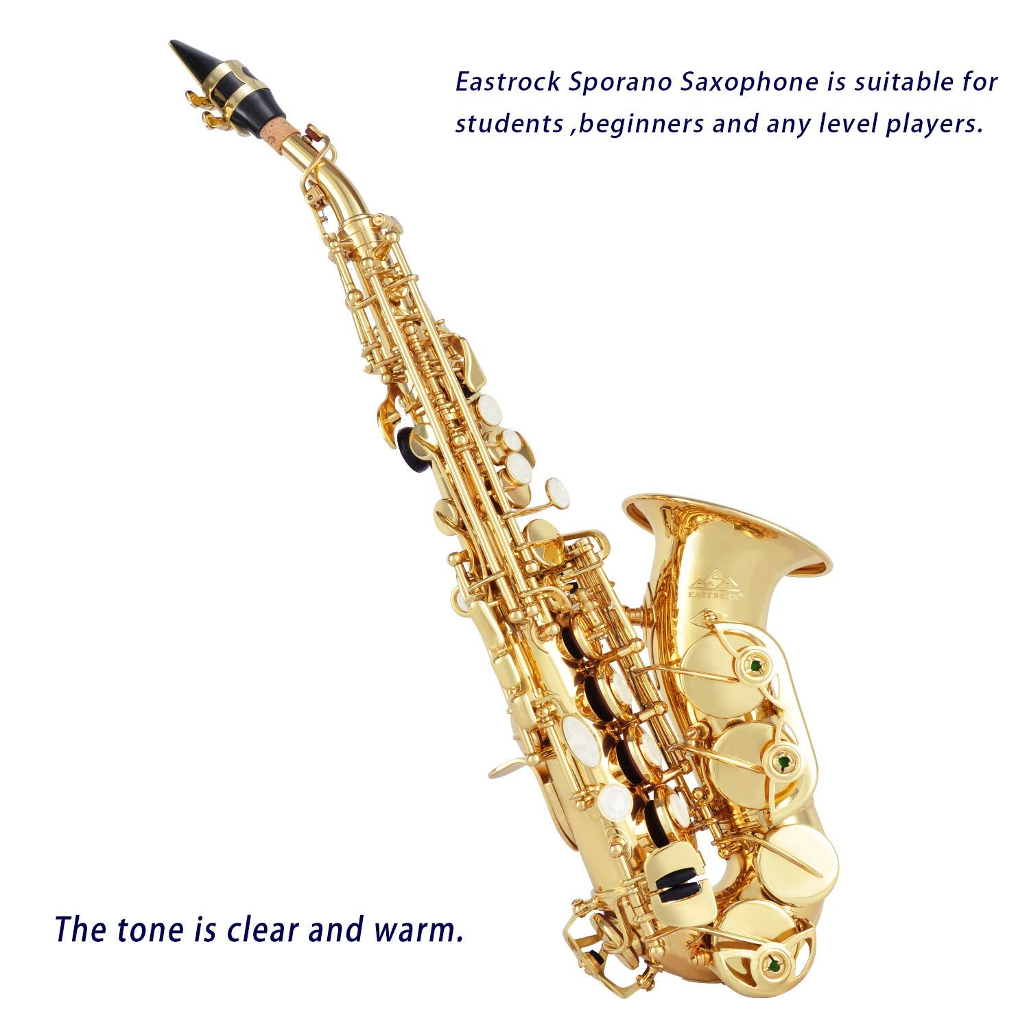 EASTROCK Soprano Saxophone Curved Bb Flat Black Sax Instruments for Beginners Intermediate Players with Carrying Case,Mouthpiece,Pads,Reed,Cleaning kit,neck Strap,White Gloves