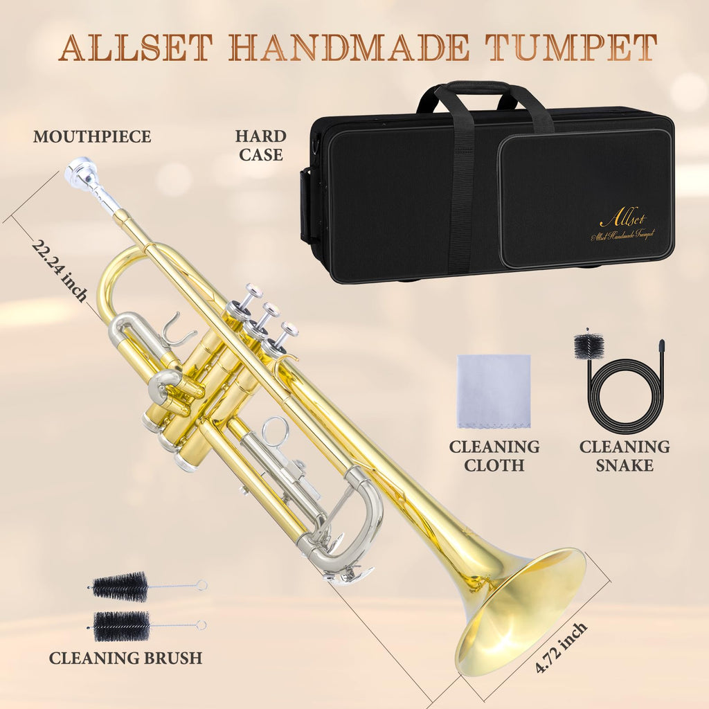 ALLSET Bb Standard Trumpet for Beginners | Student Band, Orchestra, Pro Level Performance | Professional Brass Trumpet Kit with Hard Case, 7C Mouthpiece& Cleaning Kit | Gold