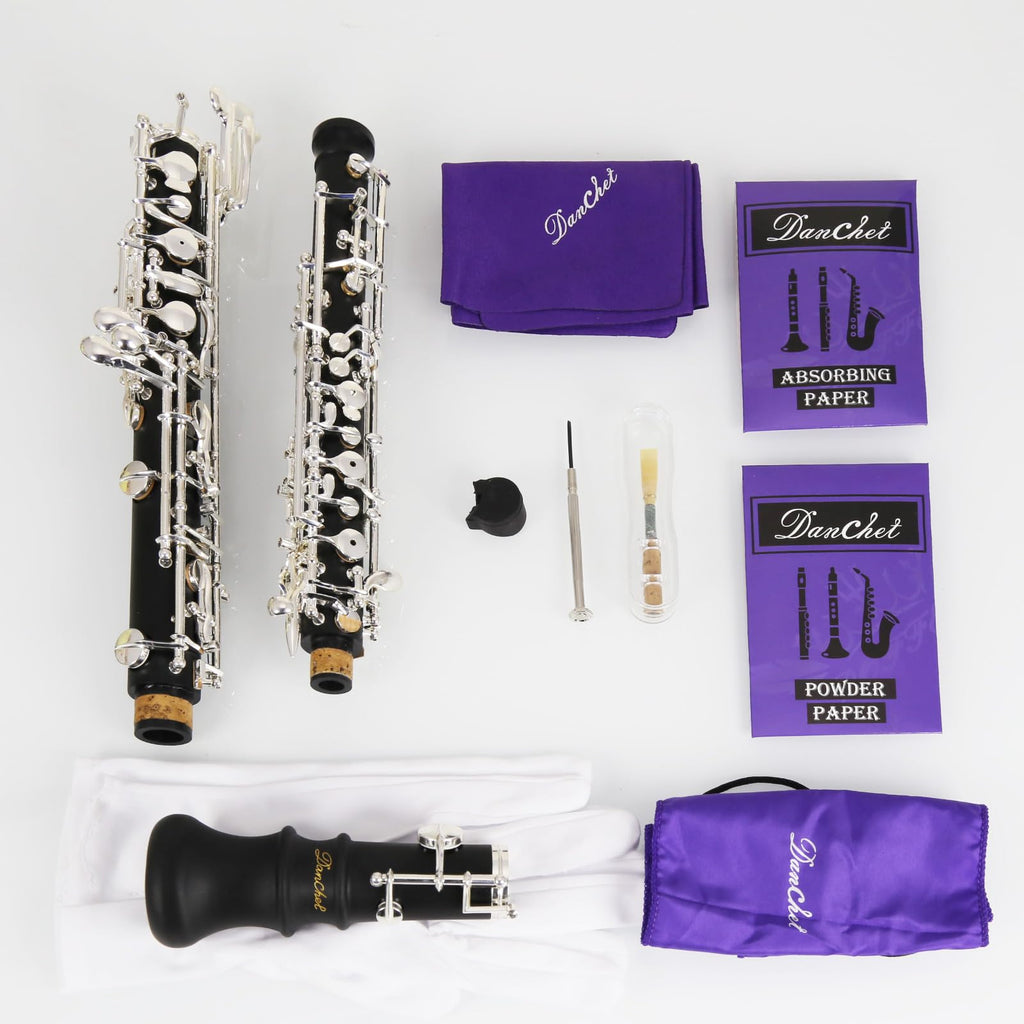 Oboe Professional Performance Level Redwood Body Silver Plated Semi Automatic C Tone with Reeds, Cleaning Cloth, Oboe Swab, Powder Paper, Absorbing Paper, Thumb Rest, Screwdriver, Gloves, Case