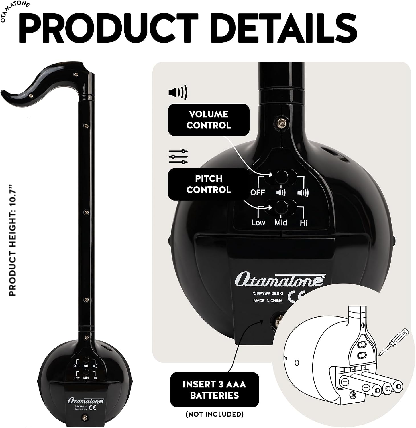Otamatone Japanese Electronic Musical Instrument Portable Music Synthesizer from Japan by Maywa Denki Studio Award Winning, Educational Fun Gift for Children, Teens & Adults - Black