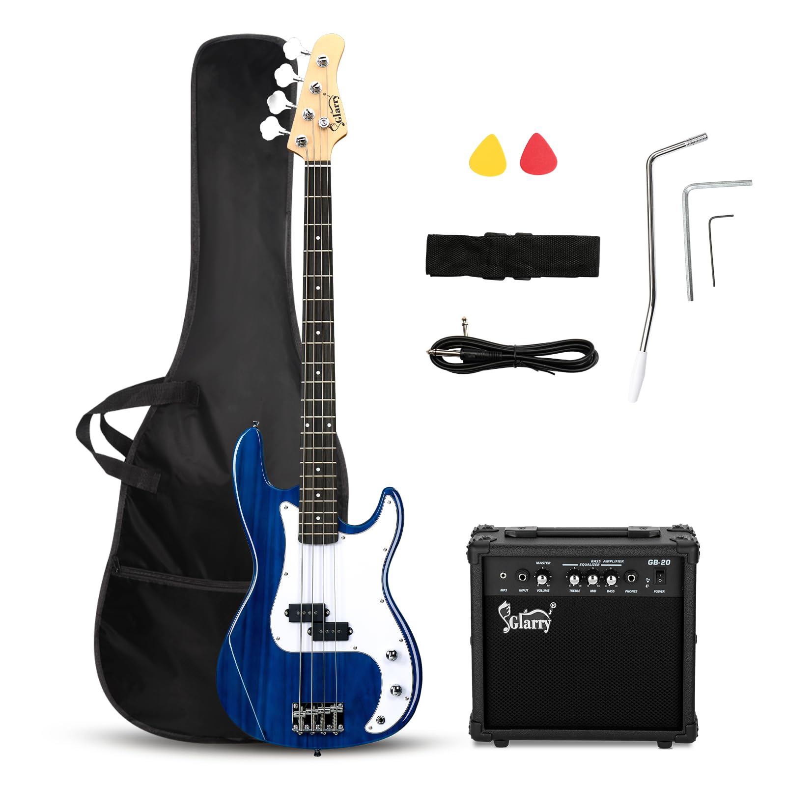 GLARRY Full Size Electric Bass Guitar Beginner Kit 4 String Exquisite Basswood Bass with 20W AMP, Cable, Strap, Bag and Accessories (Black, 39"Right Handed)
