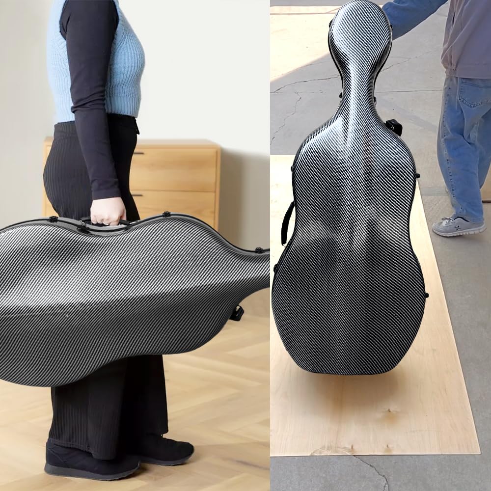 Vetimobato Carbon Fiber Cello Case for 4/4 Full Size Hard Shell with Wheels, Built-in Handle, Backpack Straps, Bow Holders Cello Accessories Box Strong & Ultralight (Dark Green)