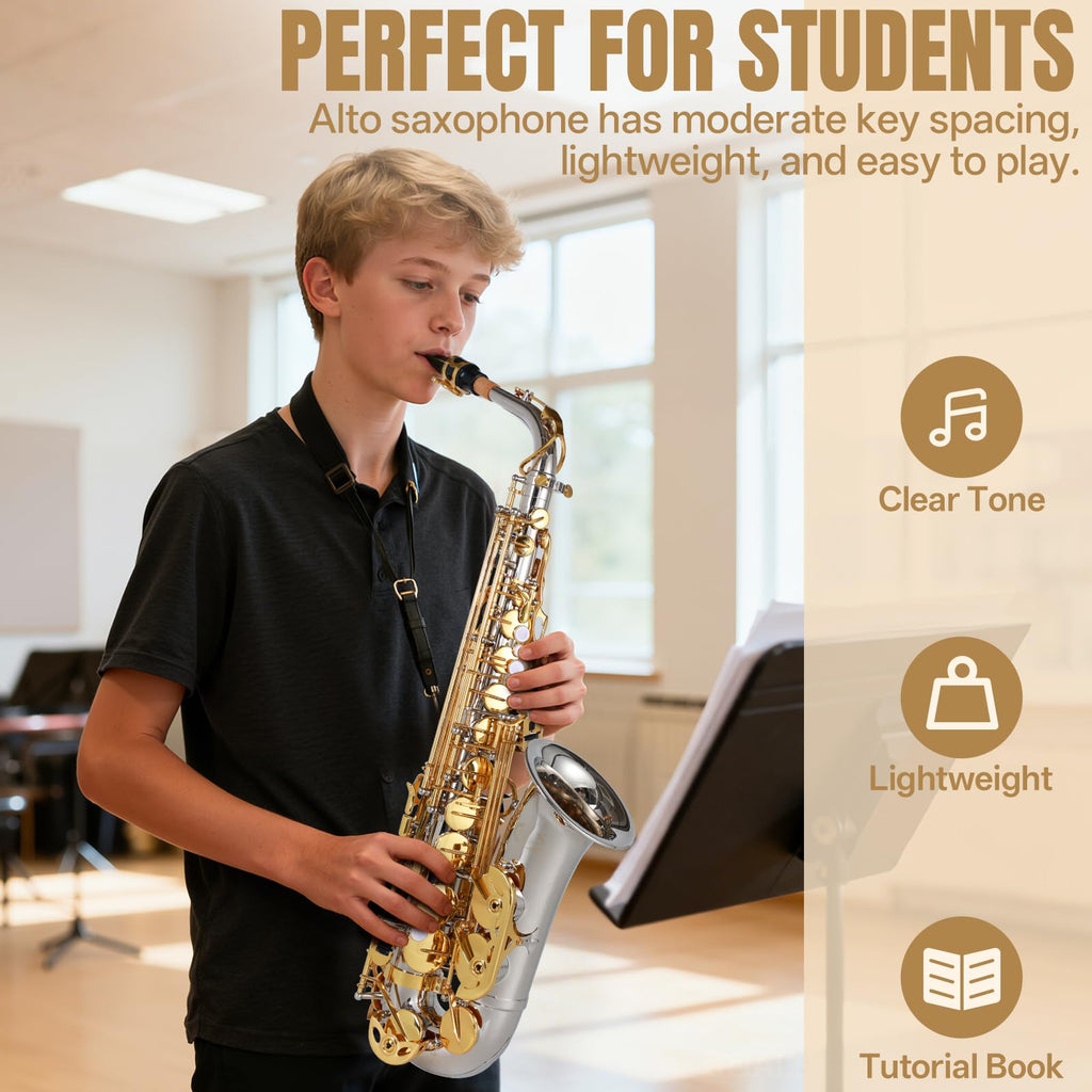 Kmise E Flat Alto Saxophone, Lightweight Saxophones for Students Beginner, Saxofon Full Kit with Portable Case, Sax Stand, Strap, Reeds, Beginner's Guides, Mute, Cleaning Kit (Gold Lacquer)