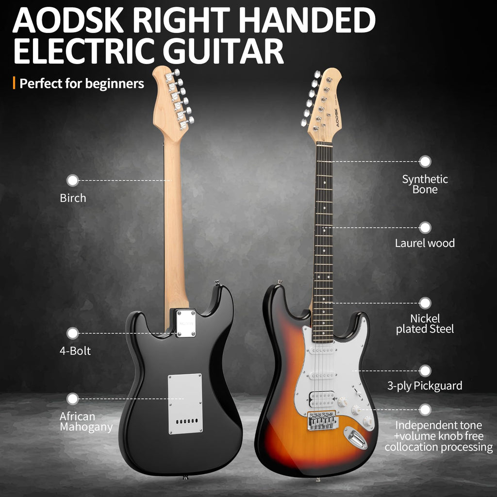 AODSK Electric Guitar with Amp Beginner Kit 39 Inch Solid Body Full Size,All Accessories,Digital Tuner,Six Strings,Four Picks,Tremolo Bar,Strap,Gig Bag,Starter kit (Blue-HSS)