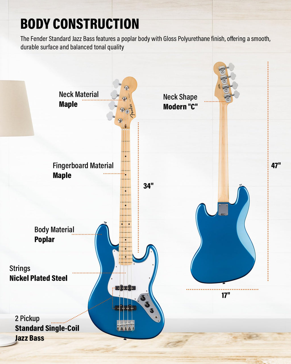 Fender Standard Jazz Bass - Olympic White Bundle with Strap, Guitar Cleaning Kit and Austin Bazaar Instructional Video