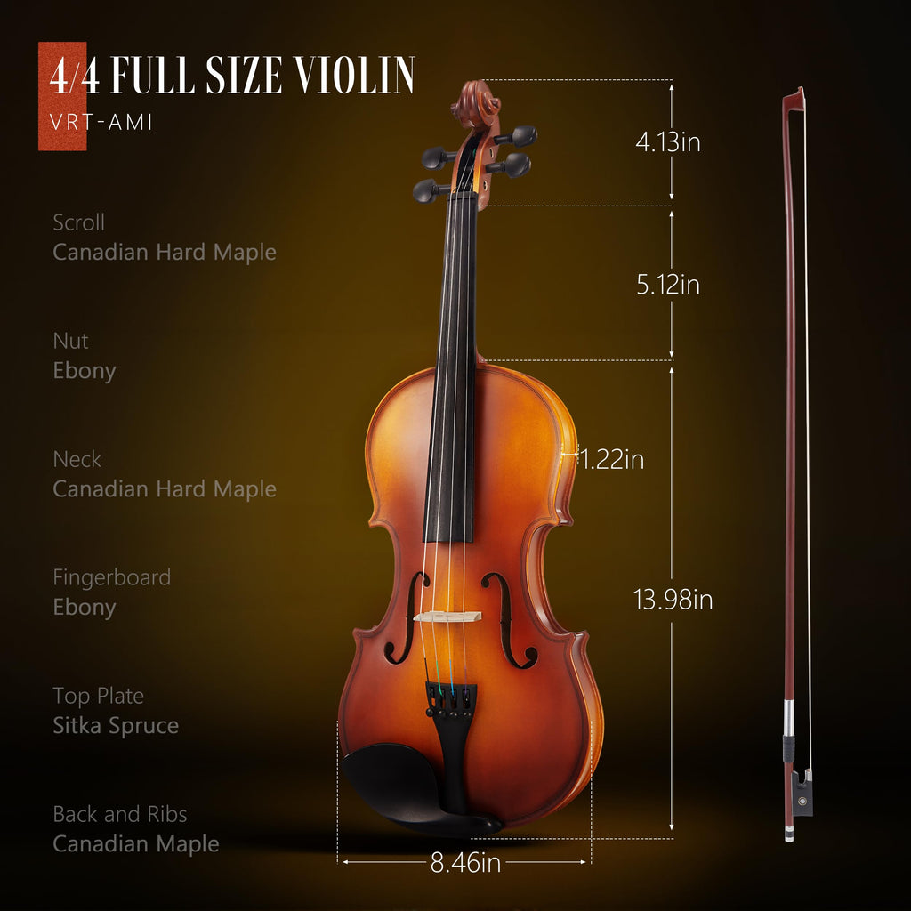 AKLOT Handcrafted Full Size Violin: Solid Wood Matte Fiddle, Acoustic Beginner 4/4 Violin Kit with Hard Case, Lesson Book, Bow, Shoulder Rest, Extra Strings, Tuner, Fretboard Stickers (VRT-AmiCS)