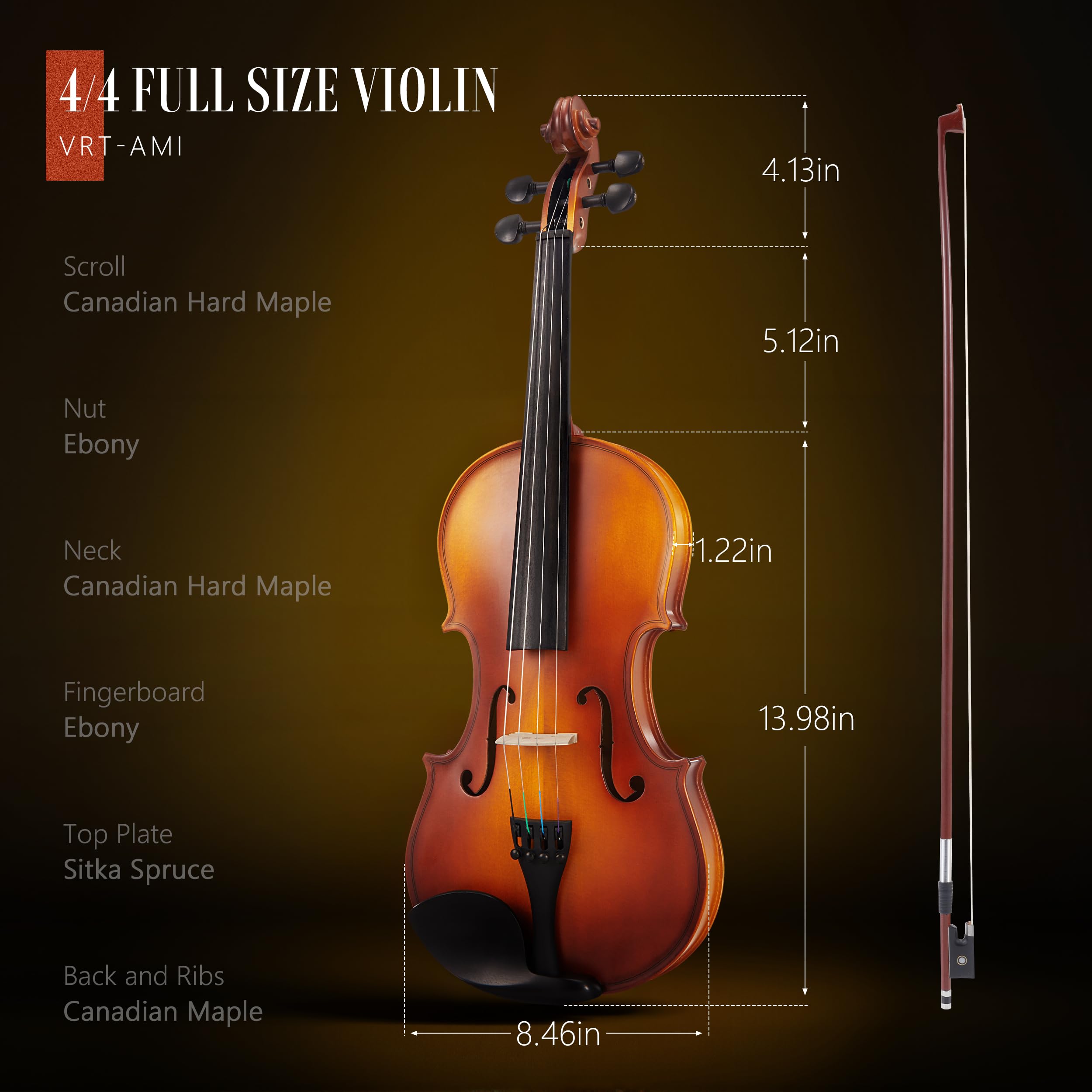 AKLOT Handcrafted Full Size Violin: Solid Wood Matte Fiddle, Acoustic Beginner 4/4 Violin Kit with Hard Case, Lesson Book, Bow, Shoulder Rest, Extra Strings, Tuner, Fretboard Stickers (VRT-AmiCS)
