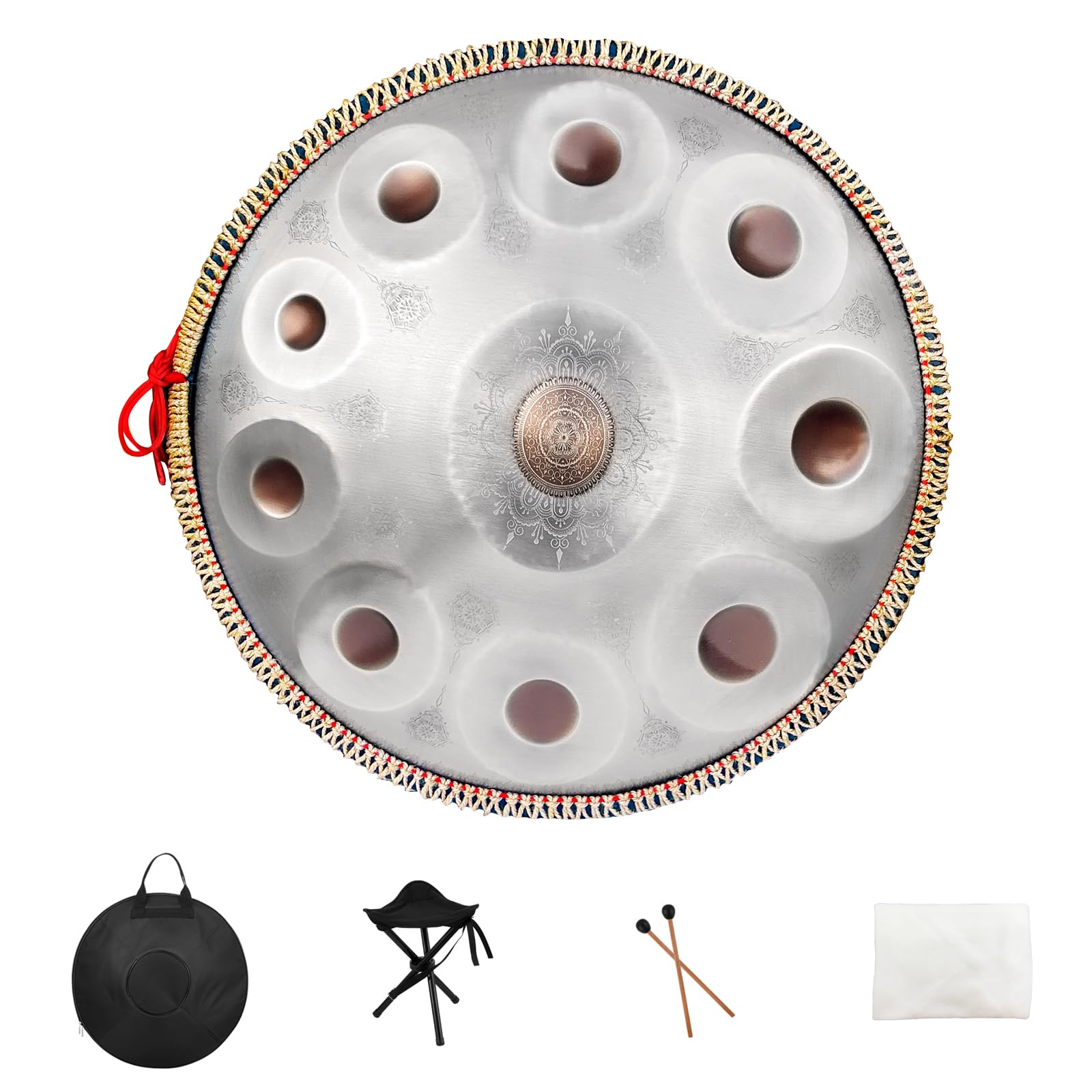 Handpan Drum 22 Inches D Minor Kurd, 432Hz 10 Notes Hand Drum Instrument, Premium Steel Drum, Handpan Instrument for Adults (Gold)