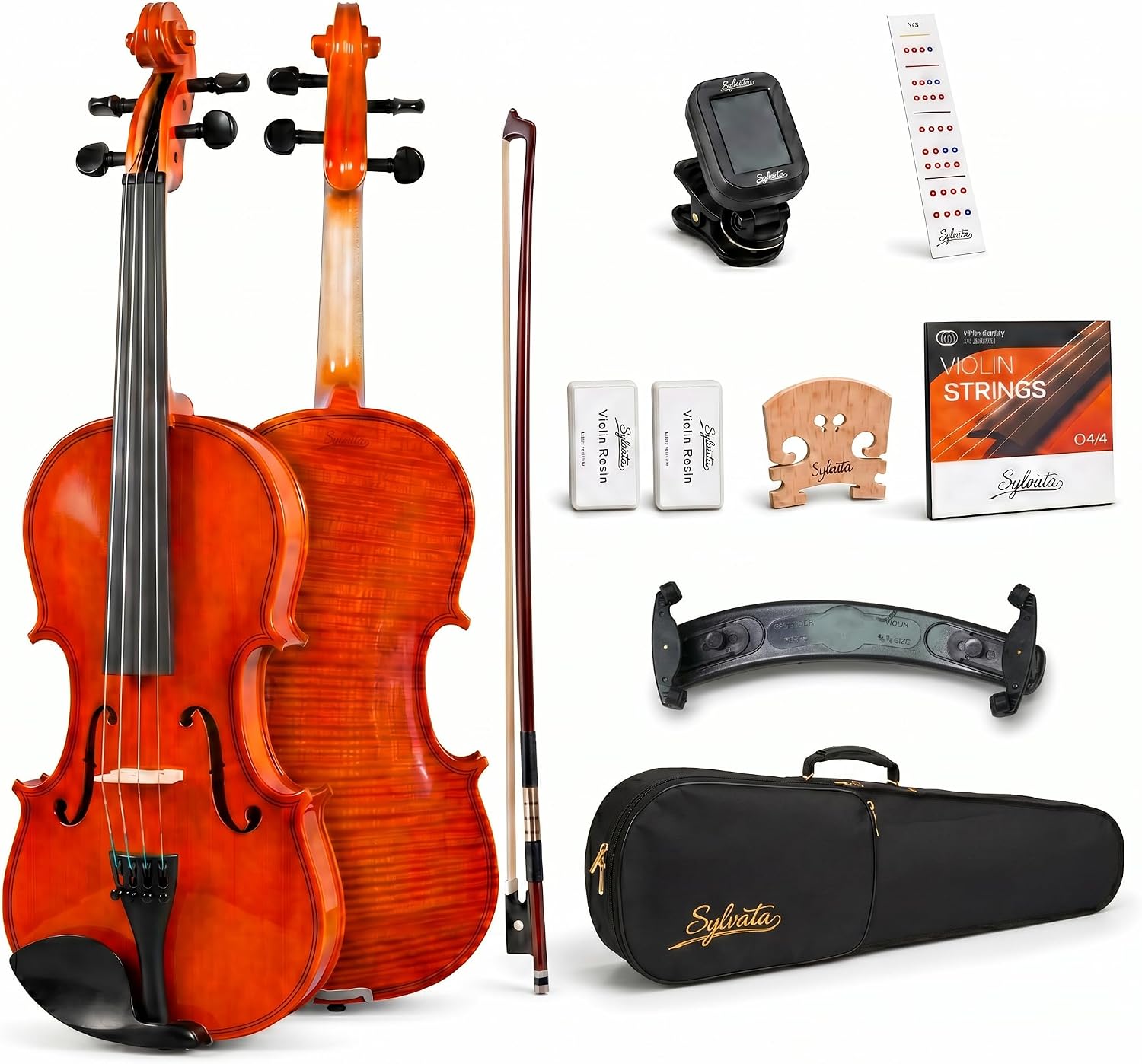 4/4 Full Size Violin Starter Kit, Acoustic Fiddle for Beginners & Students, Tiger-Striped Violin 4/4 Full Size with Ebony Fittings, Includes Alice Bow, 2 Bridges, Tuner, and Case