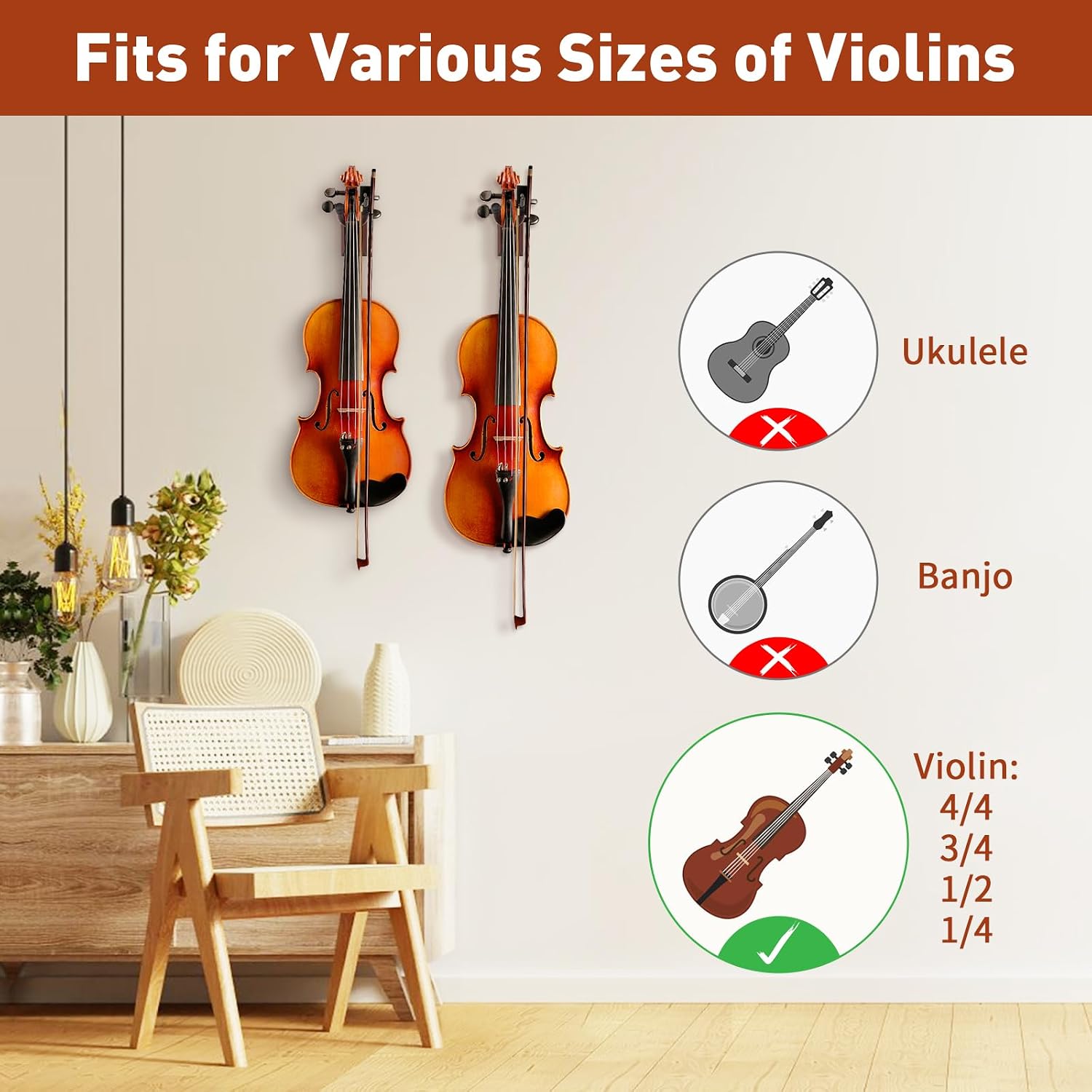 SNIGJAT Violin Wall Mount, 2 Pack Hardwood Violin Hanger with Bow Holder, Vertical Wall Hook Display Stand Fits 4/4 3/4 1/2 1/4 Violins, Decorative Holder for Home Studio Music Room