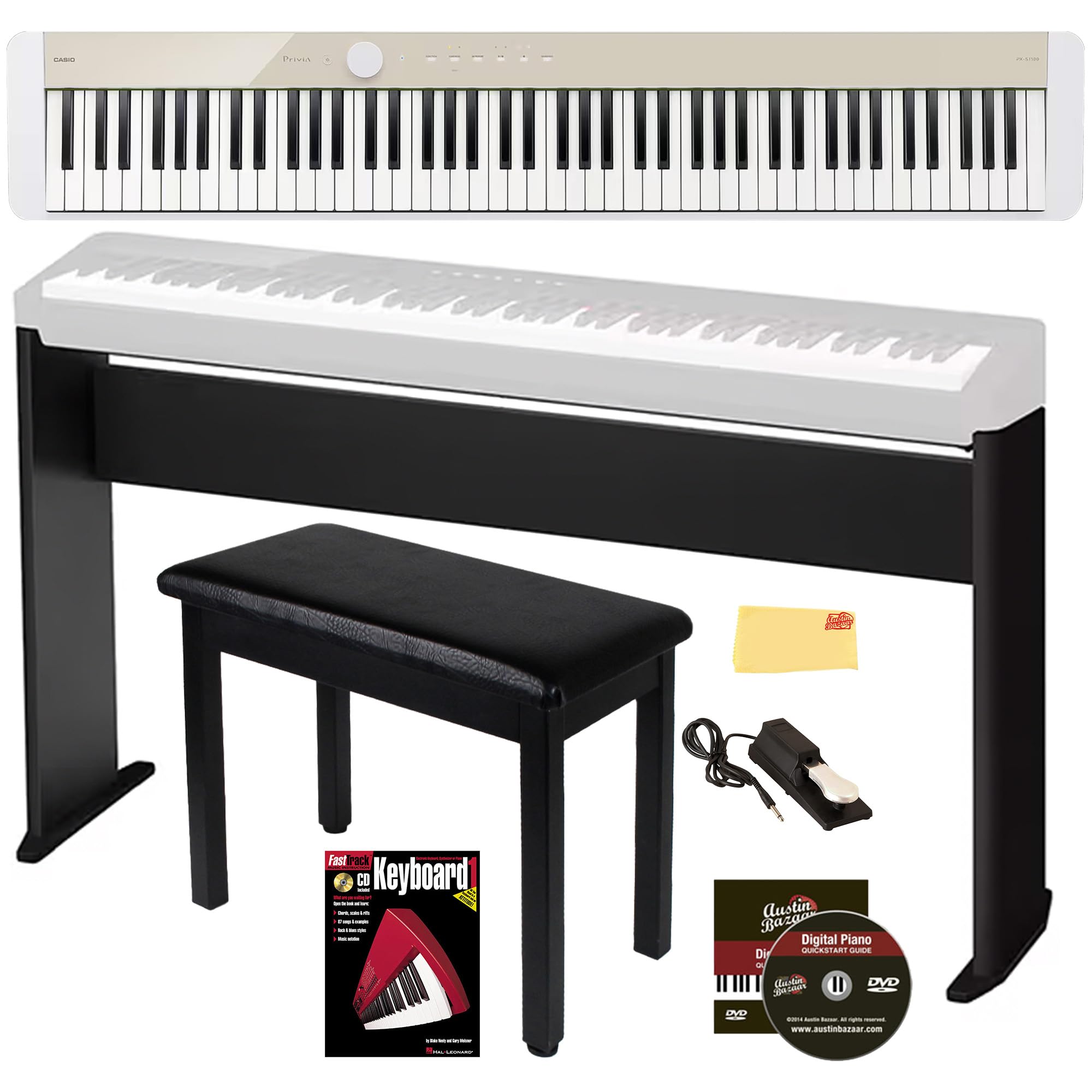 Casio PX-S1100 Privia Digital Piano - Black Bundle with CS-68 Furniture Stand, SP-34 Three Pedal System, Furniture Bench, Instructional Book, Instructional Video, and Austin Bazaar Polishing Cloth