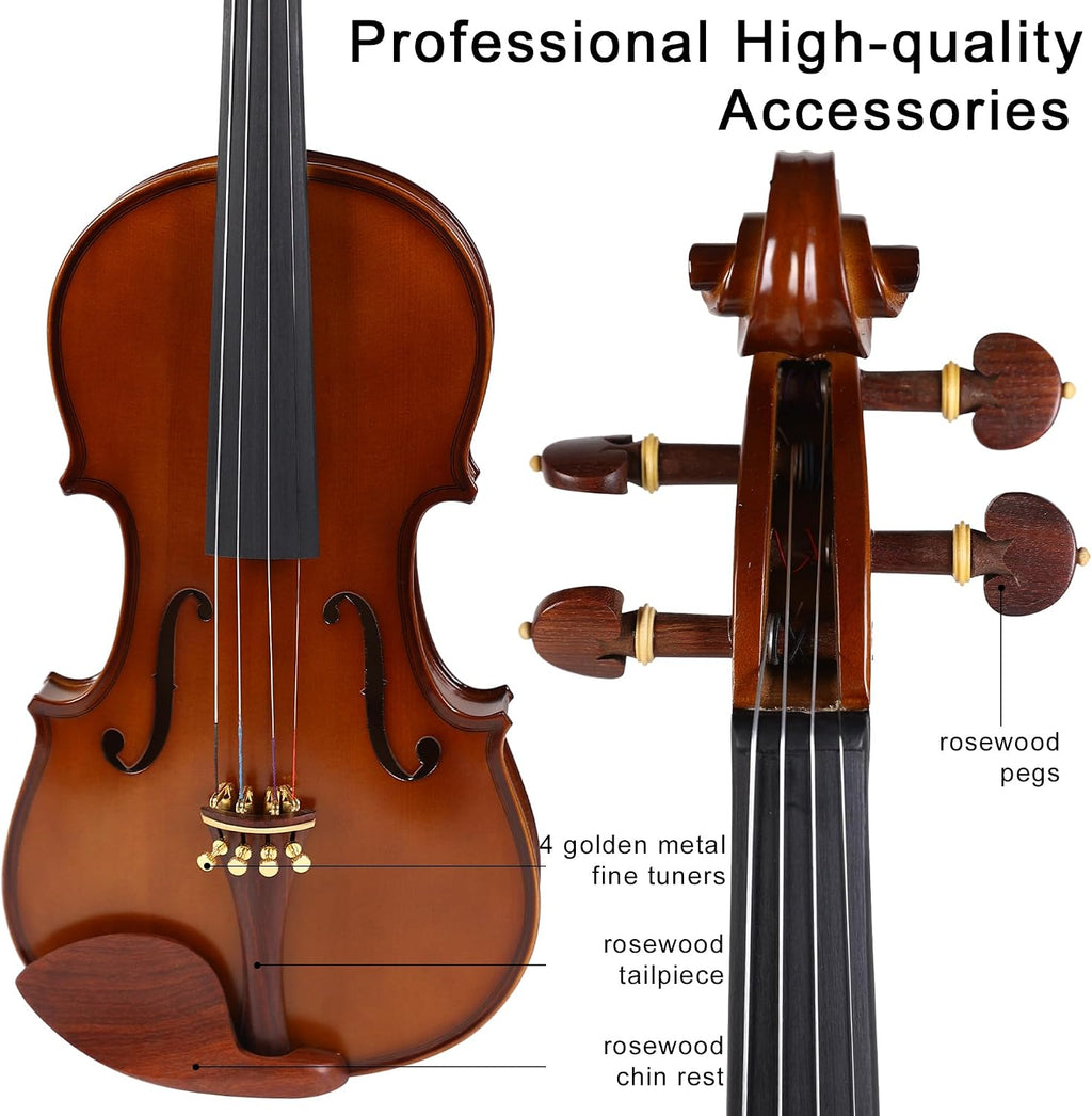 Violin 4/4 Full Size Complete Set for Adults Teenagers Students,Solid Maple Wood Violins with Rosewood Fittings,Case,Spare strings,Bow, Rosin, Shoulder Rest,Professional Violin for 11+years Gift