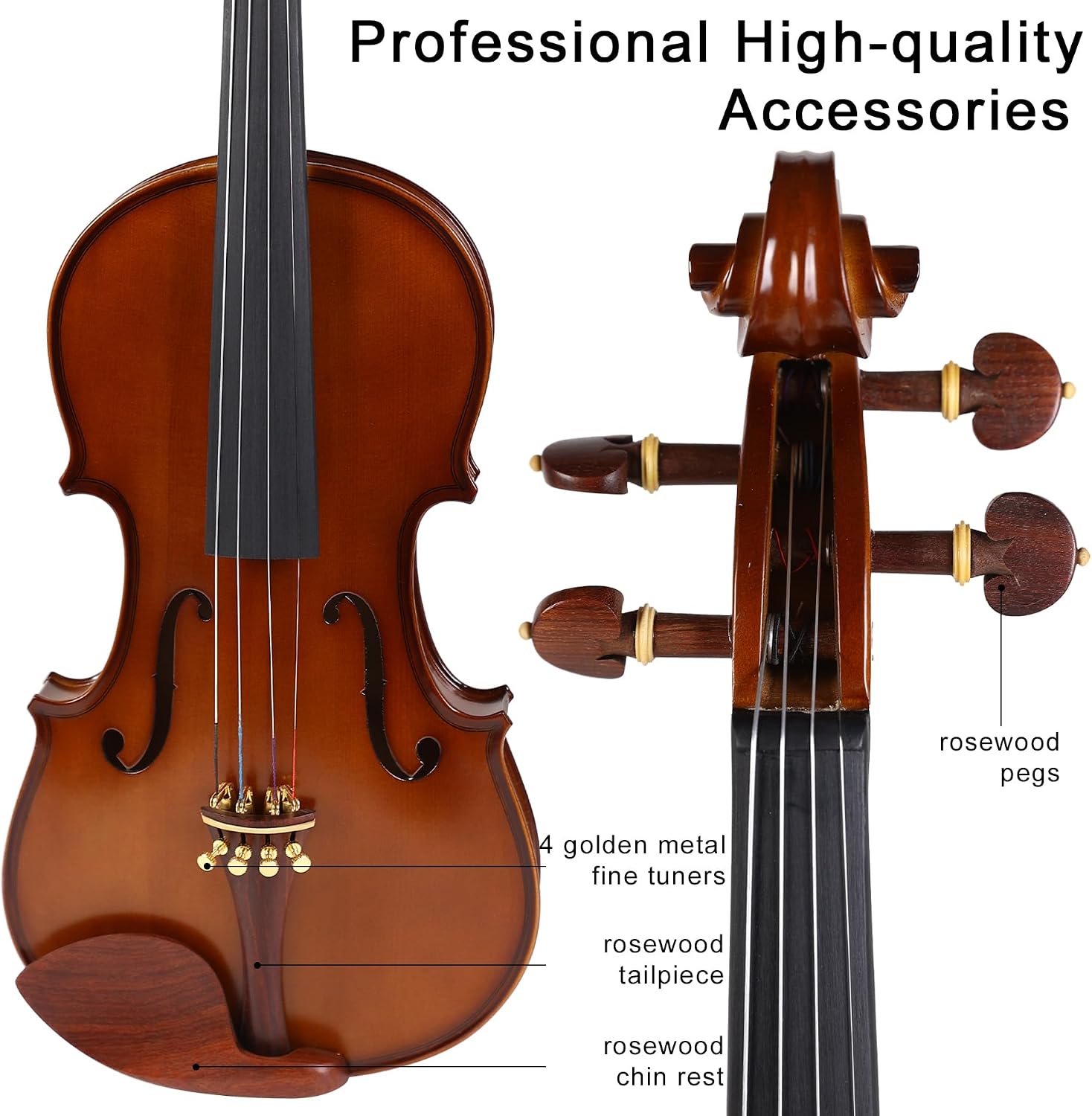 Violin 4/4 Full Size Complete Set for Adults Teenagers Students,Solid Maple Wood Violins with Rosewood Fittings,Case,Spare strings,Bow, Rosin, Shoulder Rest,Professional Violin for 11+years Gift