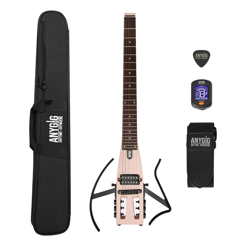 Anygig Travel Electric Guitar Headless – Portable Ultra-Light and Quiet, Full-Scale 25.5” Rosewood Fingerboard, Glow Humbucker, Gig Bag, Removable Stands for Left and Right Black