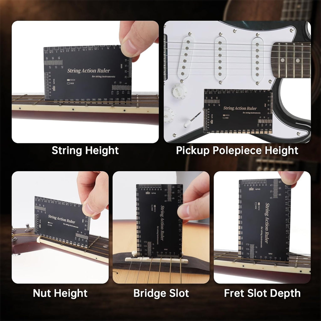 Guitar Luthier Tools Radius Gauge String Action Ruler Measuring Setup Kit | 9 radius size.Laser-engraved stainless steel.Matte finish reduces glare. w Cleaning Cloth Storage Case for Acoustic/Electric