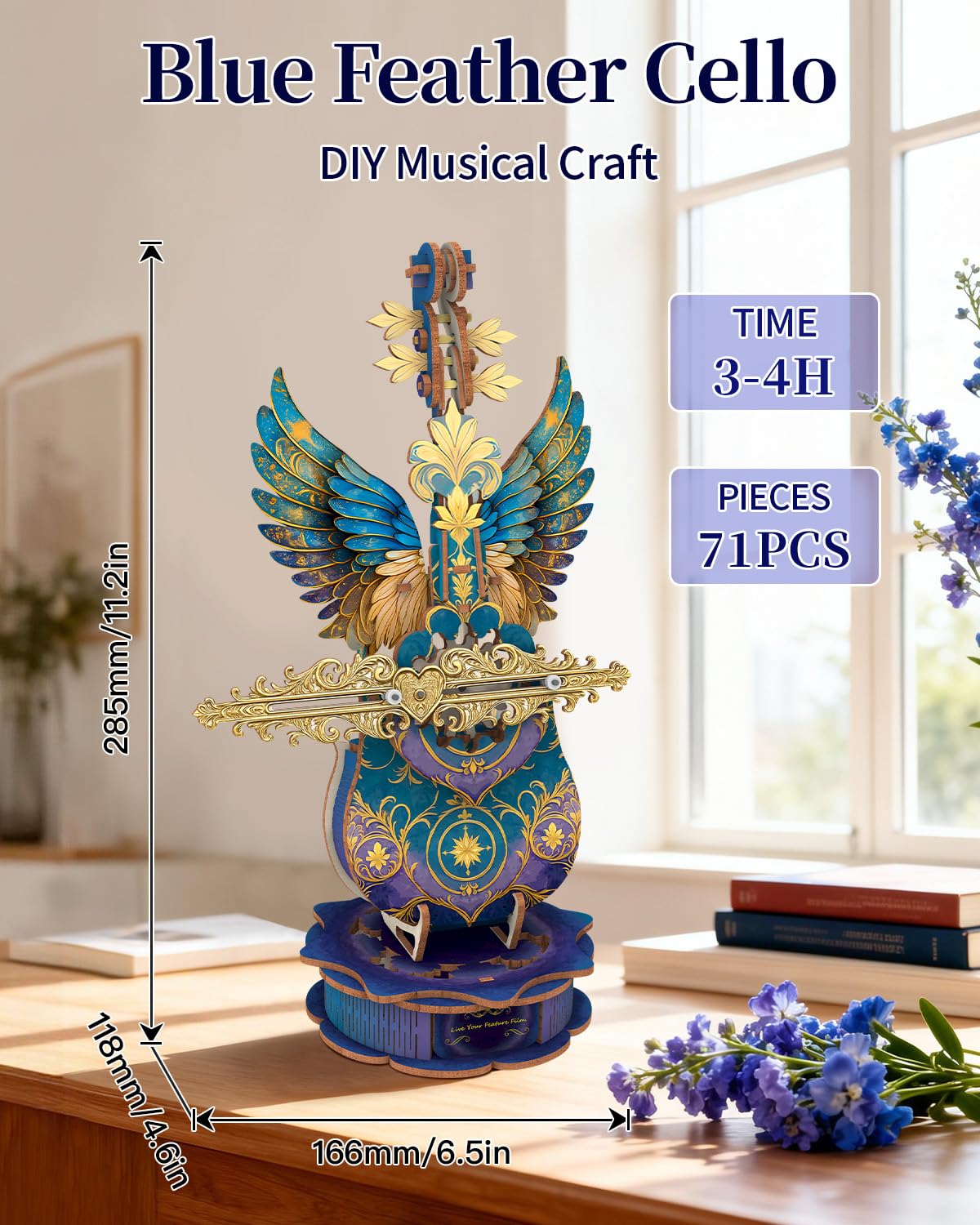 3D Puzzles for Adults, Mechanical Wooden Cello Music Box Puzzles, DIY Flower Music Box Cello Crafts Model Kits Home Decor for Women Holiday Weddings