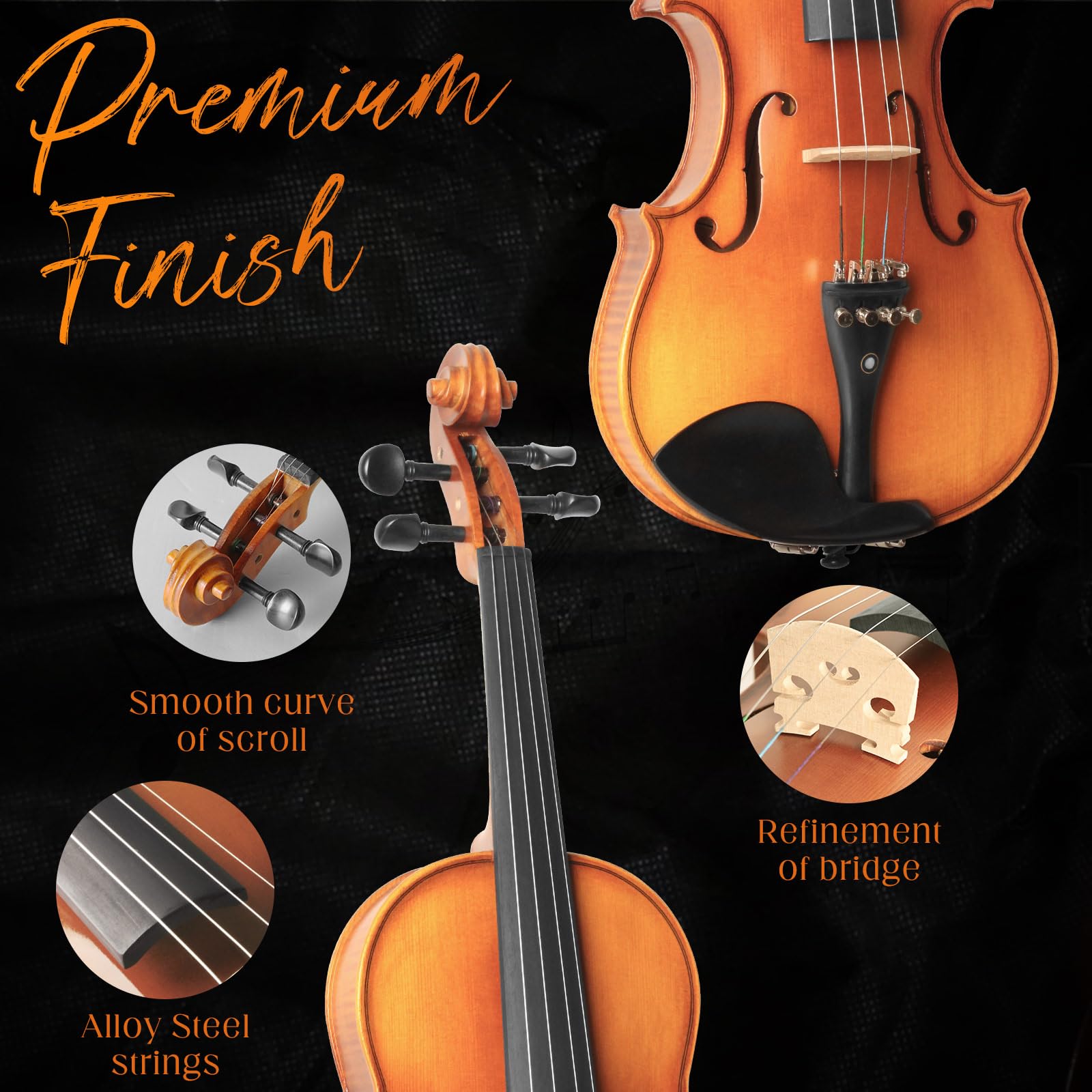 Acoustic Violin 4/4 Full Size, Solid Wood Fiddle for Beginners Adults, Ebony Fitted Satin Antique Finish Violin Starter Kit with Hard Case