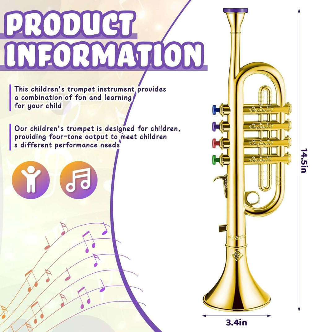 Lewtemi Gold Trumpet Musical Instruments Toy for Kid Toddler Fake Plastic Preschool Music Toy Gift Non-Professional Wind Instrument Early Educational Teaching Songs Gifts for Toddlers Children