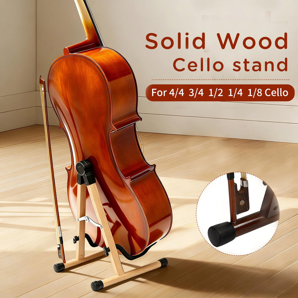 Cello Stand with Bow Holder, Wooden Stand for 1/2, 3/4, 7/8, 4/4 Full-Size, A-Frame Floor Cello Stand with Padded Foam and Non Slip Pad, Cello Display Stand (Black Walnut)