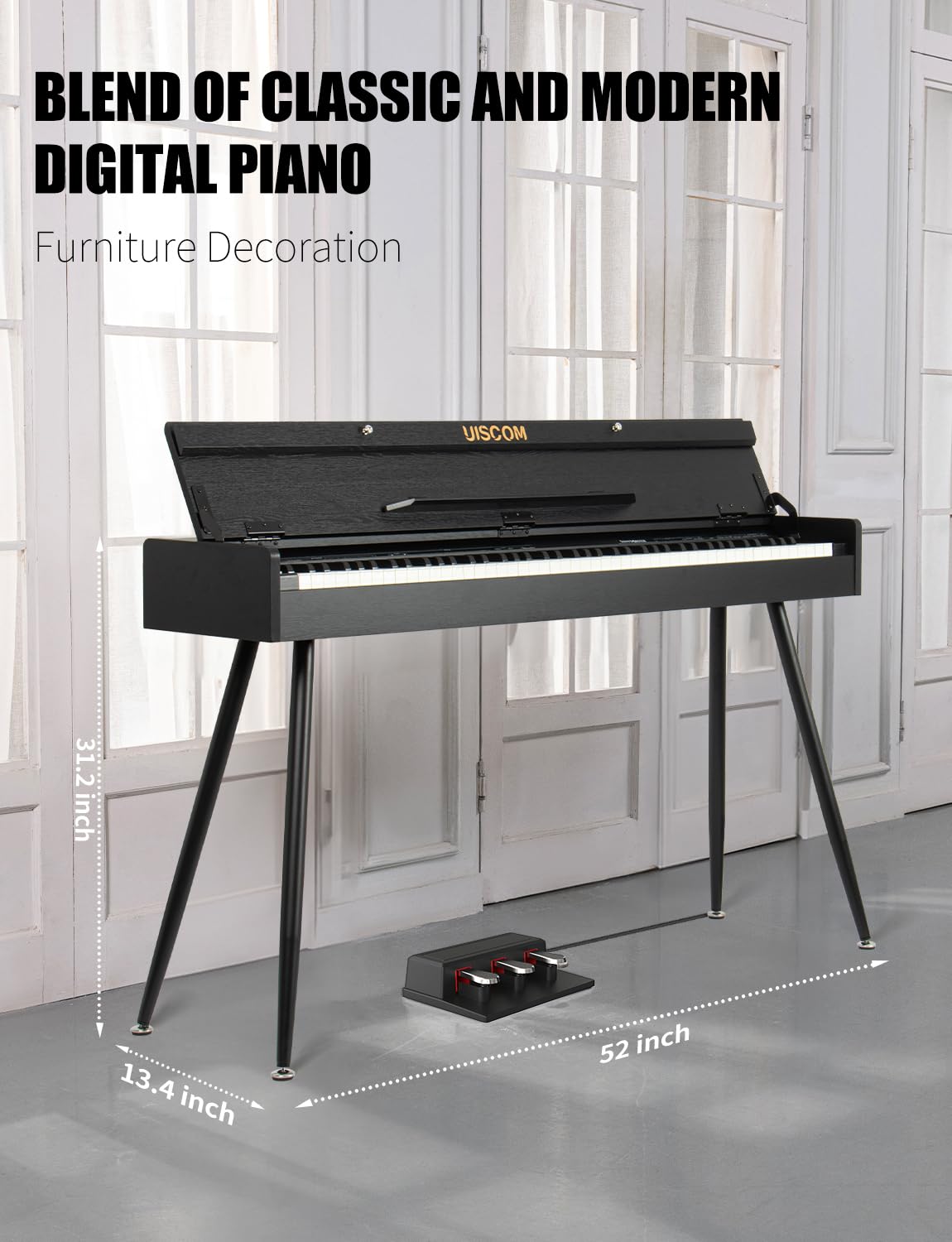 UISCOM 88 Key Weighted Digital Piano - Wooden Desk Electric Piano Transforms Between Desk and Vanity - Progressive Hammer-Action Keyboard, Perfect for Beginners with MIDI Functionality