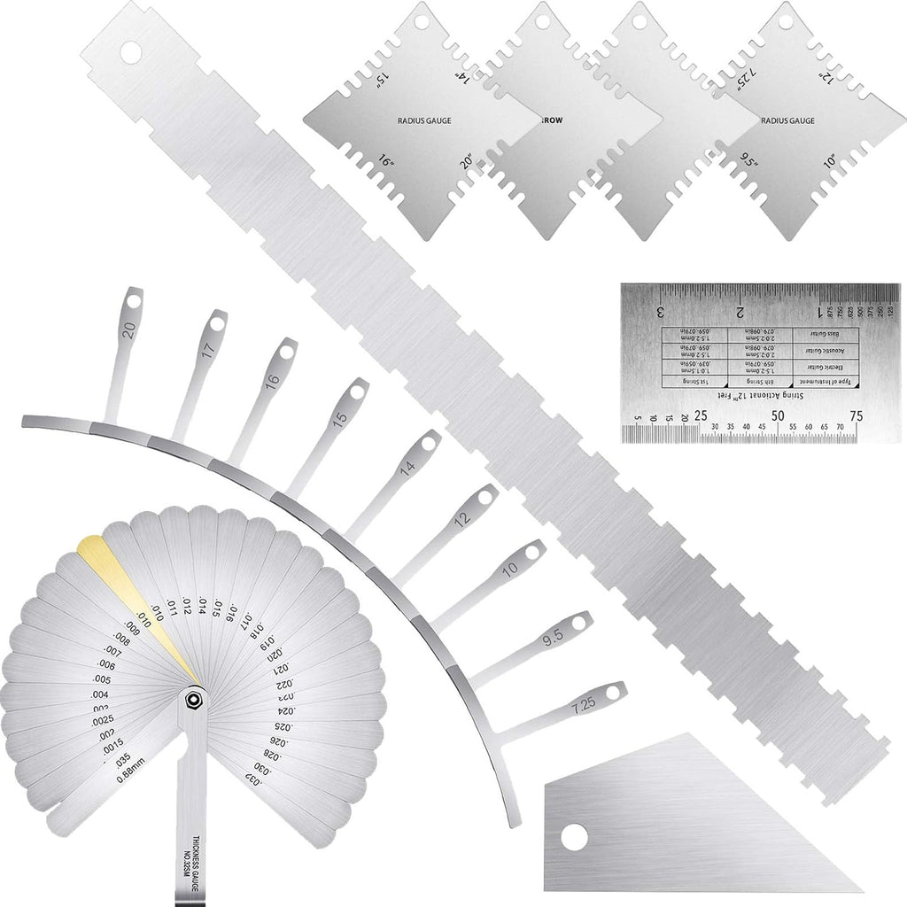 Mudder 17 Pieces Guitar Luthier Tools Set Setup Kit Include Radius Gauge String Action Ruler 32 Blades Feeler Gauges Notched Radius Neck Notched Straight Edge Fret Rocker for Guitar Bass Setup