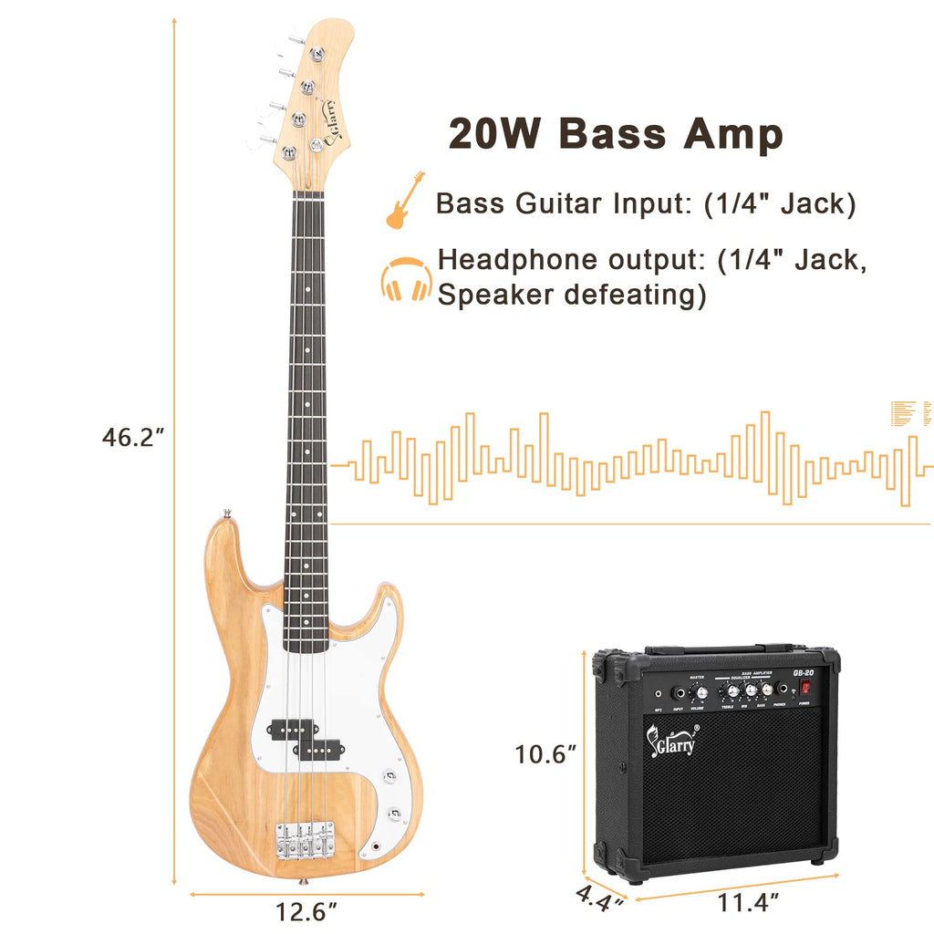 GLARRY Full Size Electric Bass Guitar Beginner Kit 4 String Exquisite Basswood Bass with 20W AMP, Cable, Strap, Bag and Accessories (Black, 39"Right Handed)