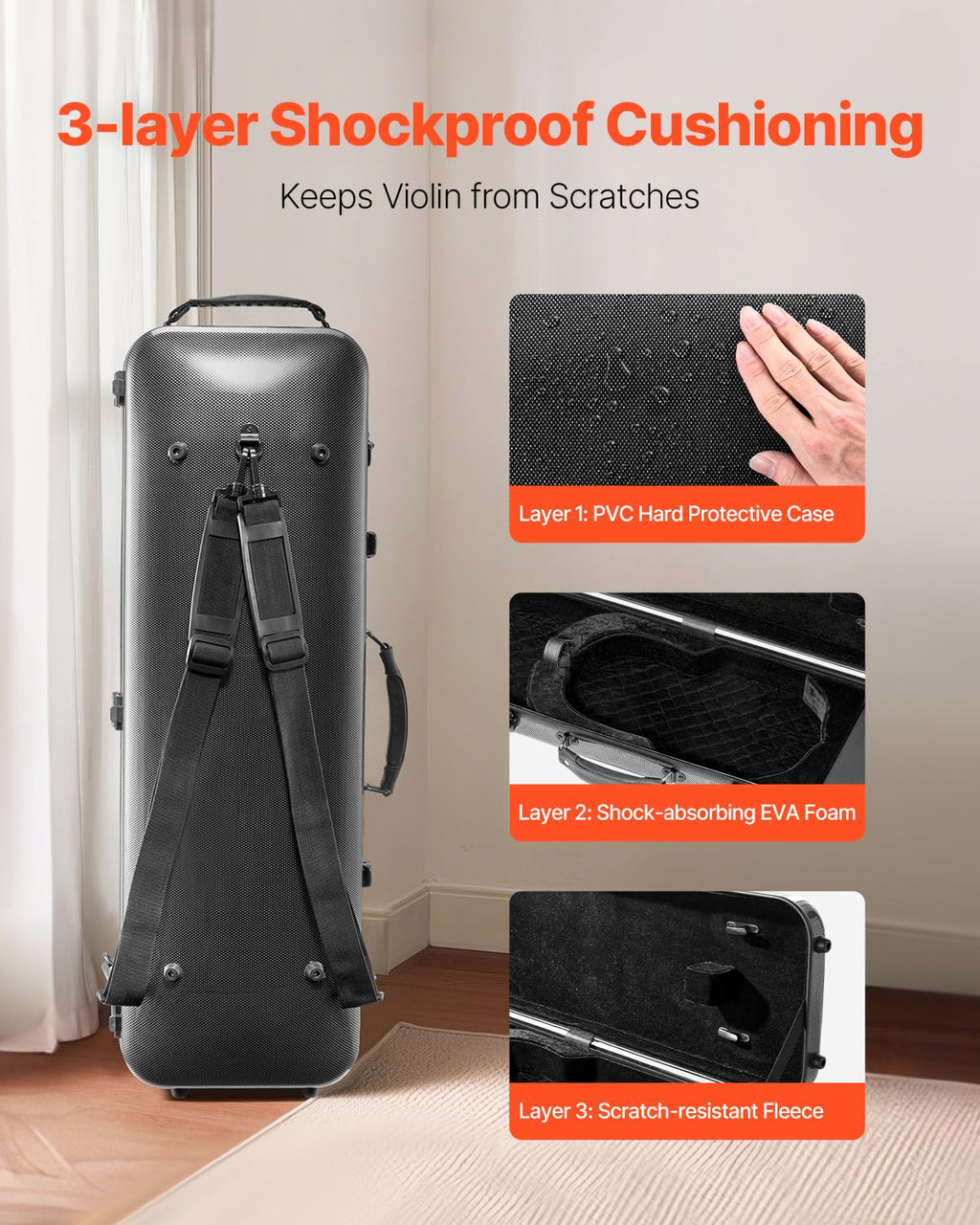 VEVOR 4/4 Full Size Violin Case, Built-in Hygrometer, Lightweight Portable Travel Carrying Bag, with Plush Lining, Dual Shoulder Straps, Anti-Scratch, Professional Triangular Shape, for Violin, Black
