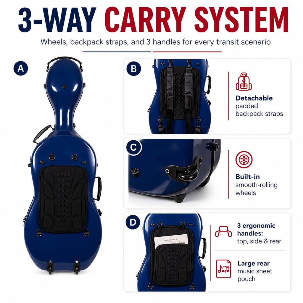 Crossrock Fiberglass 4/4 Cello Case with Wheels — Enlarged Interior Fits More Cellos | TSA Lock, Backpack Straps, Music Pouch & 3 Handles | Waterproof Hardshell — Black (CRF2030CEFBK)