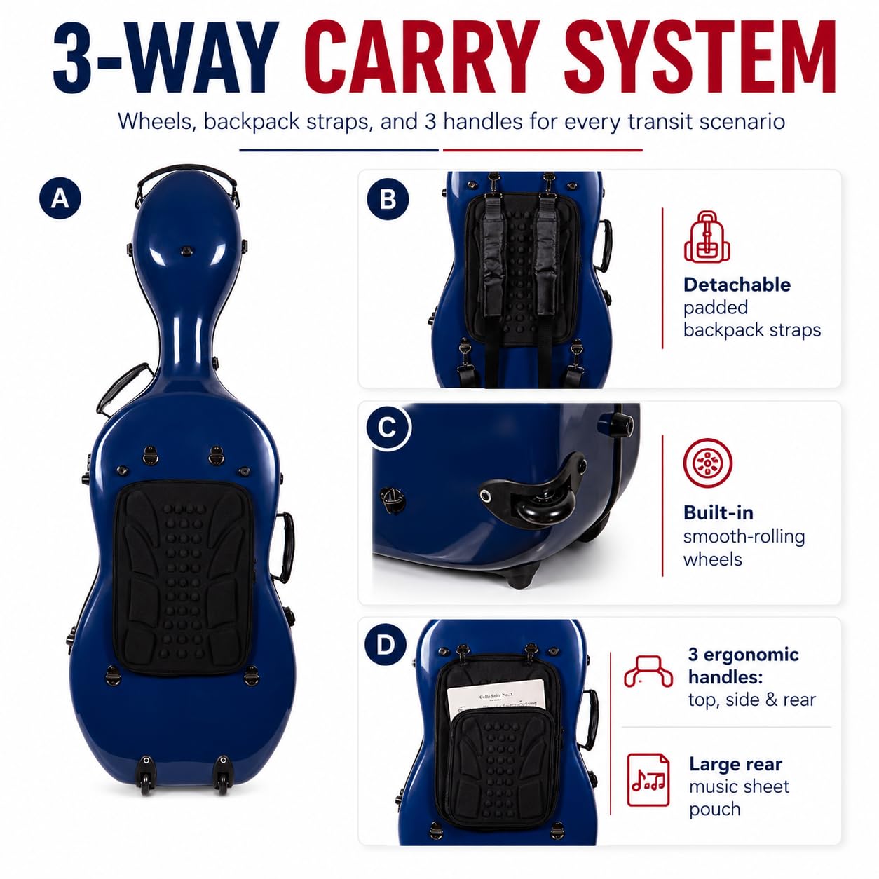 Crossrock Fiberglass 4/4 Cello Case with Wheels — Enlarged Interior Fits More Cellos | TSA Lock, Backpack Straps, Music Pouch & 3 Handles | Waterproof Hardshell — Black (CRF2030CEFBK)