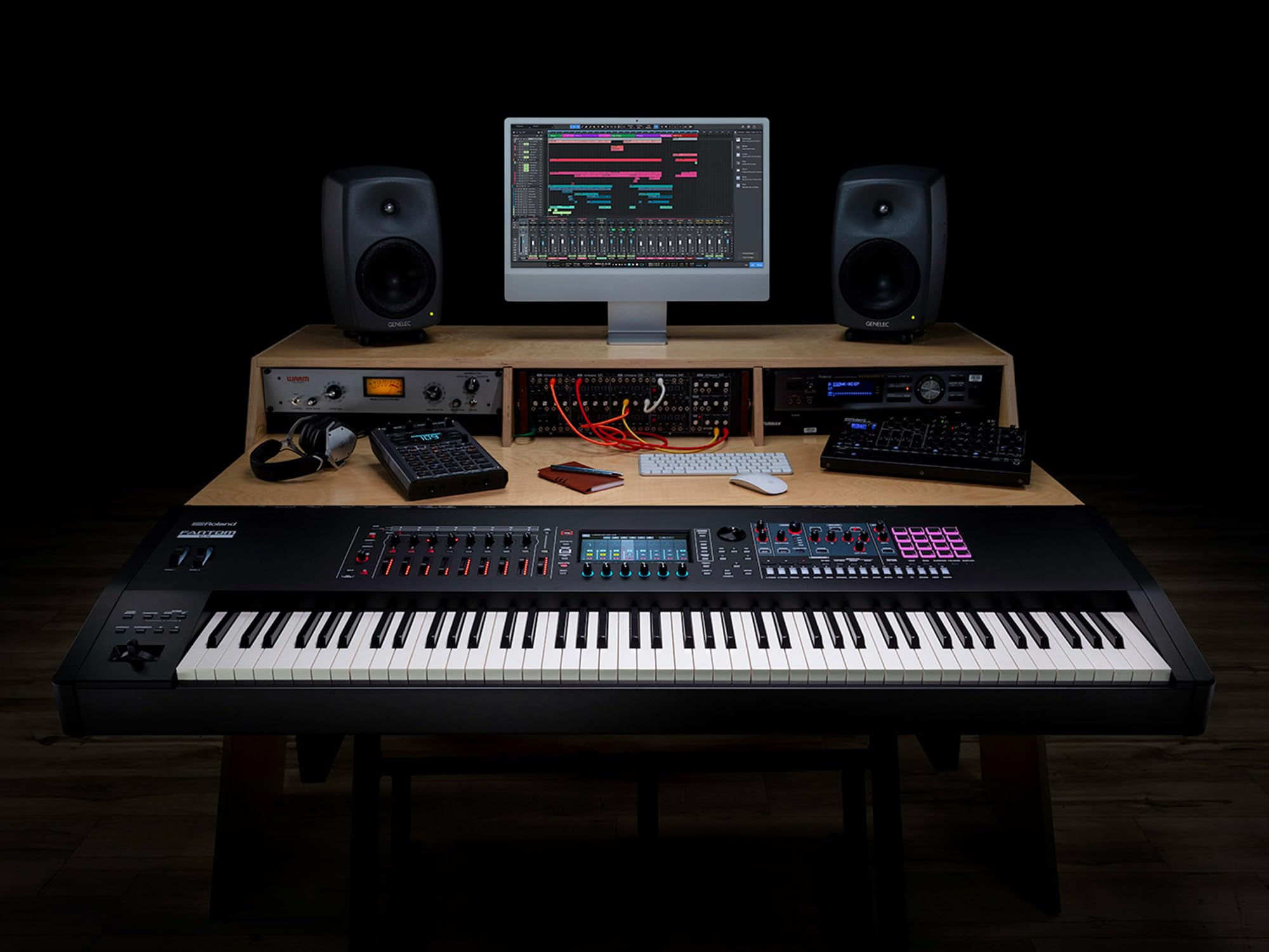 Roland Fantom 8 EX 88-Key Workstation Keyboard Synthesizer Bundle with Adjustable Stand, Sustain Pedal, Online Piano Lessons, Instructional DVD, and Austin Bazaar Polishing Cloth