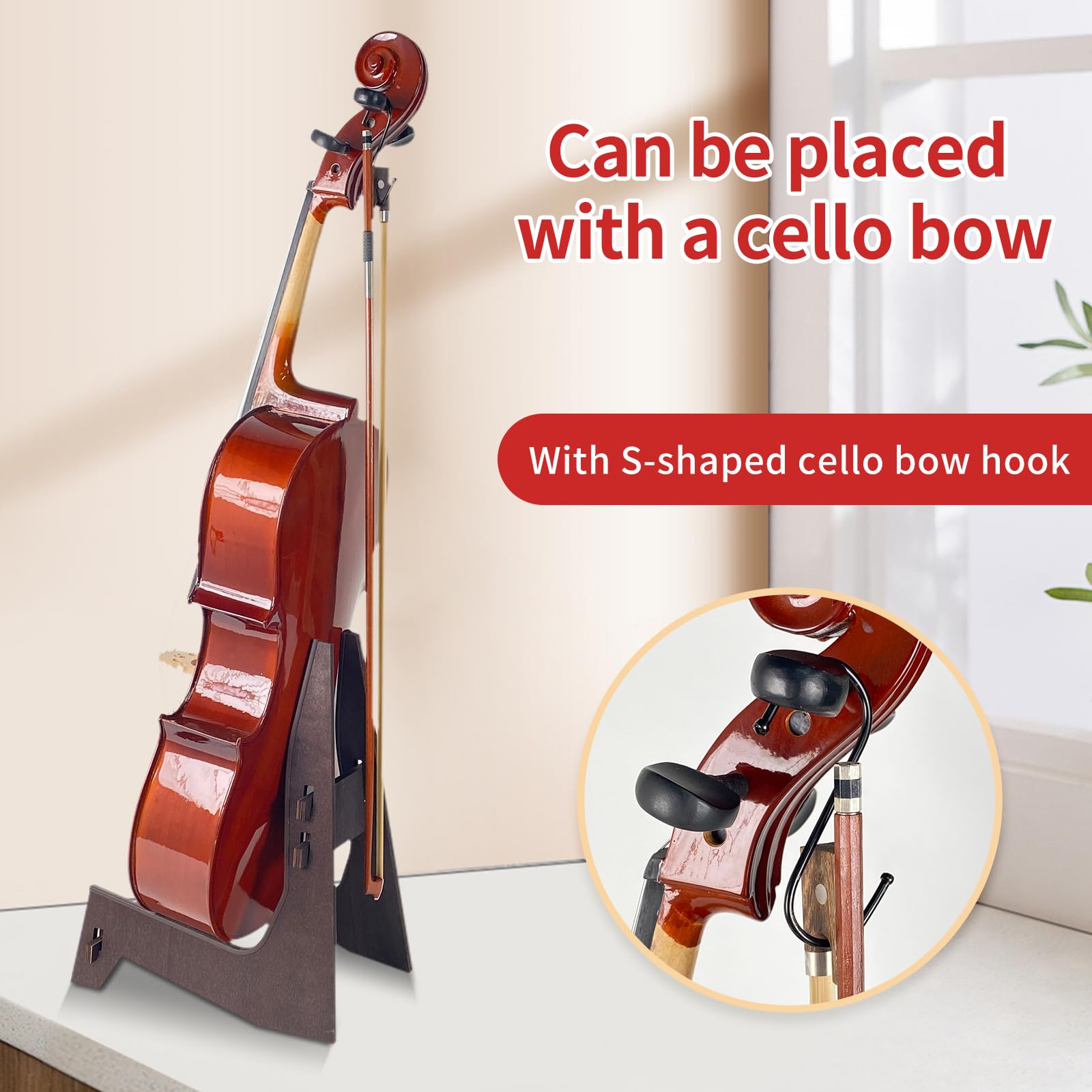 Wooden Cello Stand with Bow Holder for 1/8 - 4/4 Cellos | Detachable & Portable Full-Size Cello Stand | Universal Instrument Stand for Guitars/Bass