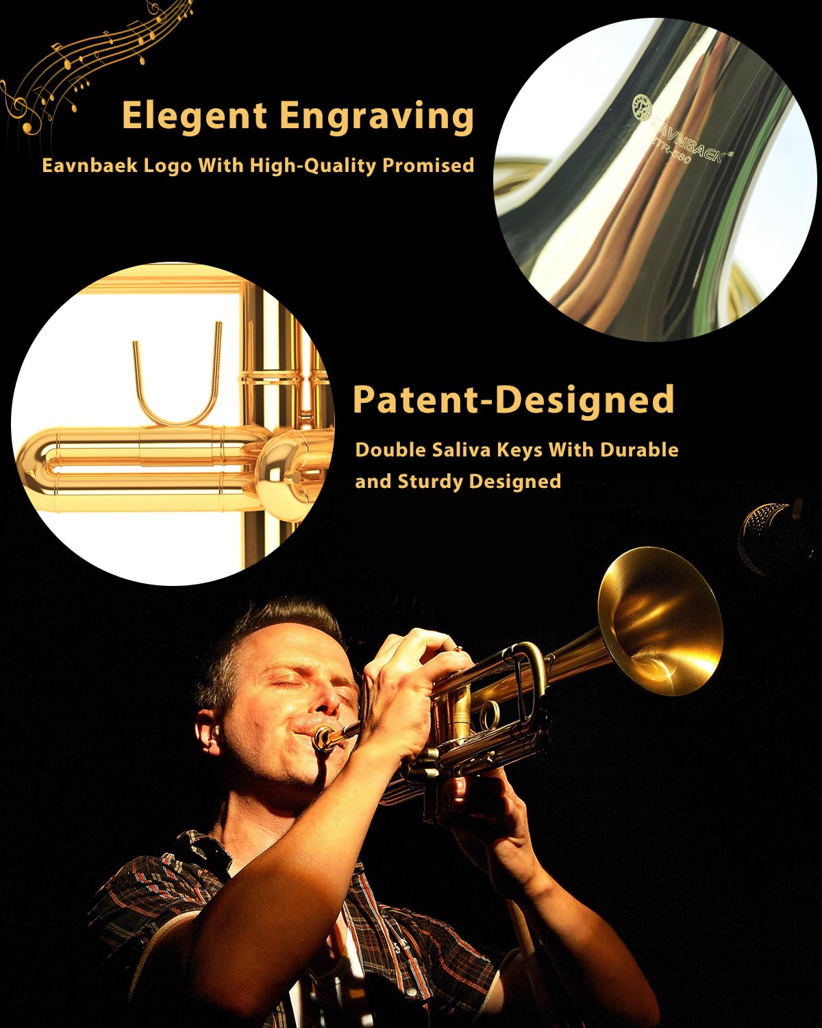 Eavnbaek Bb Standard Trumpet Set for Beginner or Advanced Student, Brass Student Trumpet Instrument with Hard Case, Cleaning Kit, 7C Mouthpiece and Gloves (Gold)