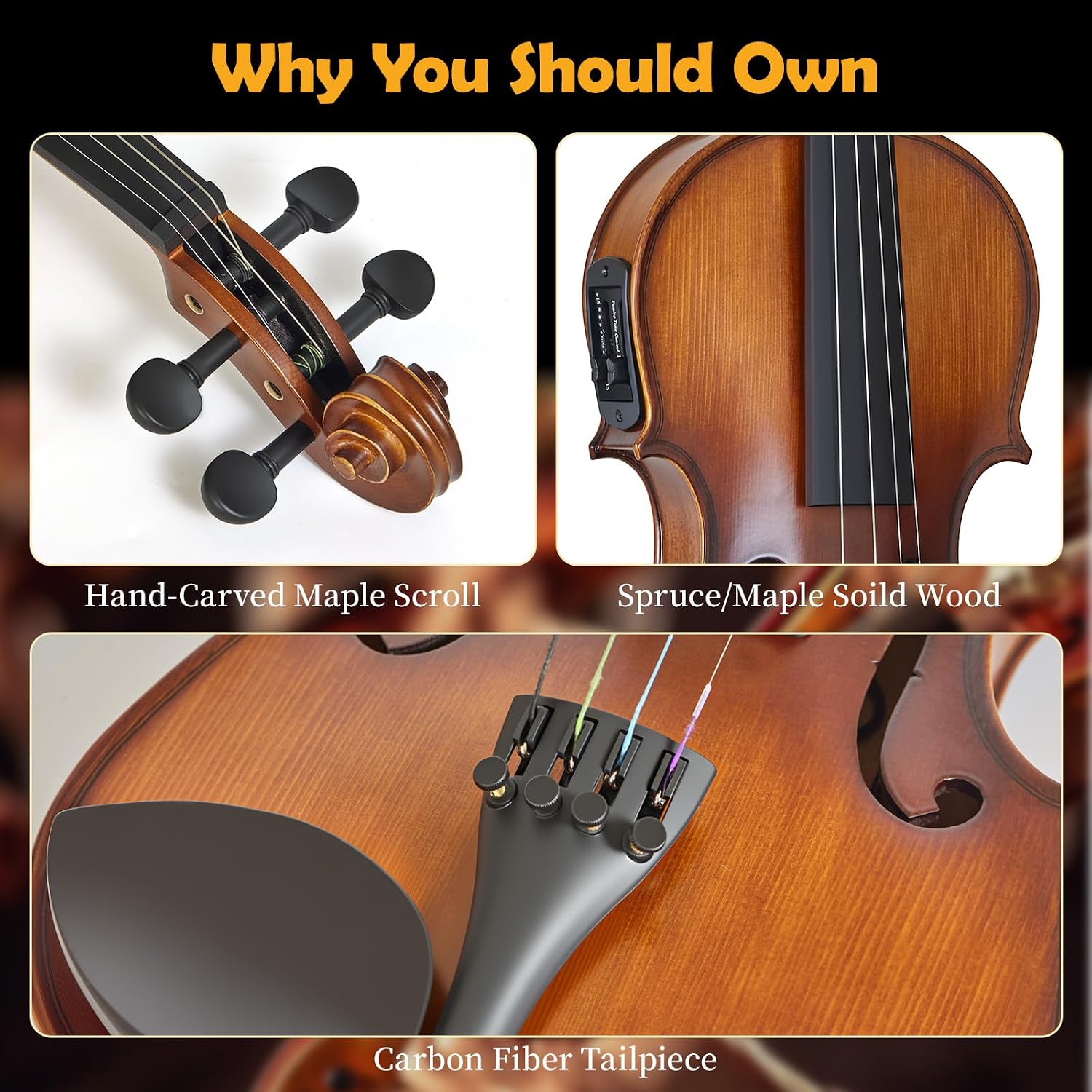 4/4 Acoustic Electric Violin for Amplifier Use - Natural Tone, Solid Spruce Top & Maple Back, Carbon Fiber Tailpiece, Ebony Fittings, Starter Kit for Beginners