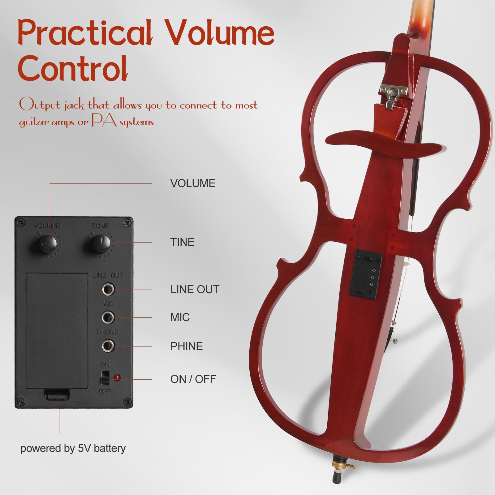 Electric Cello, Full Size Silent Practice Cello with Headphone Jack & Carry Bag, Professional Cello for Beginners/Adults