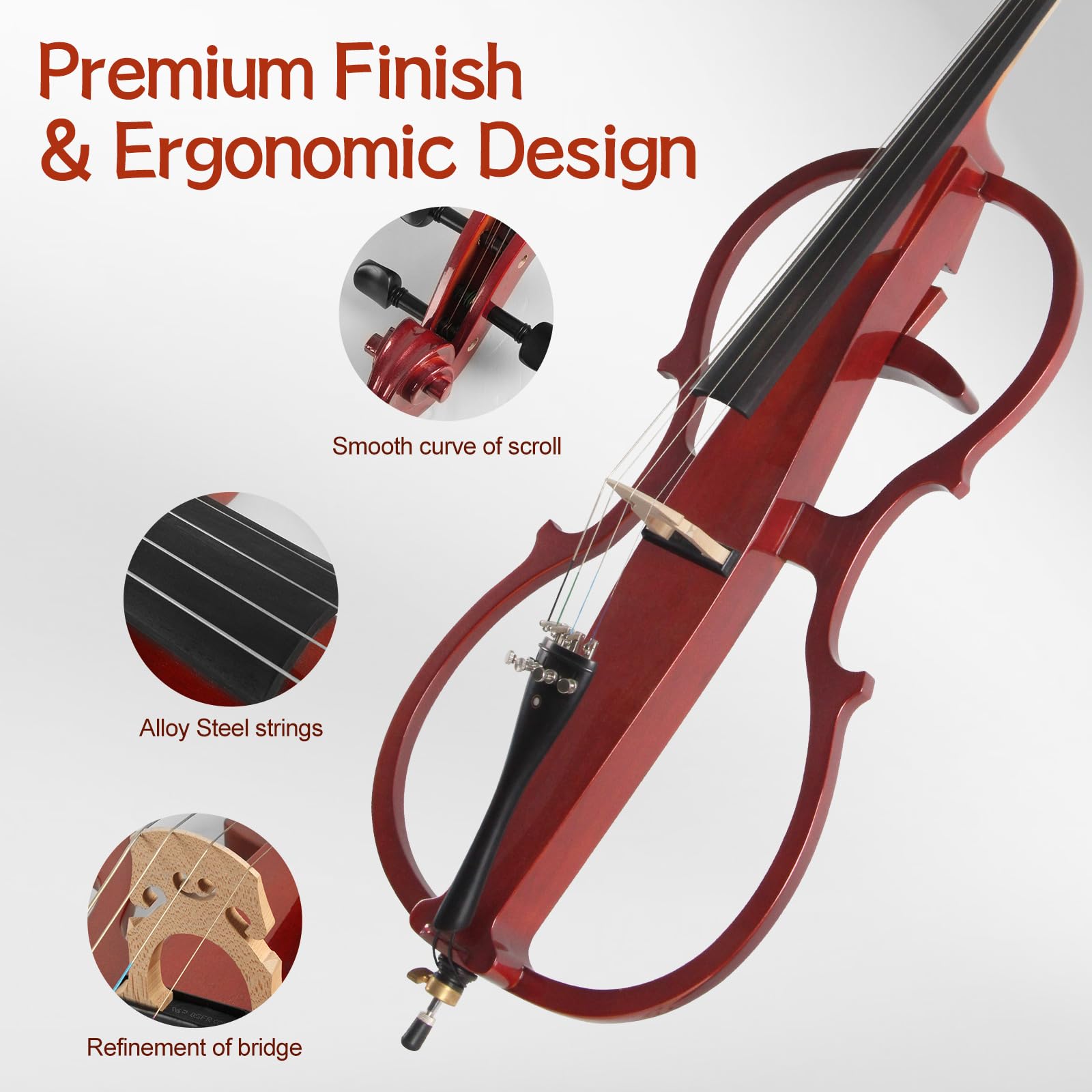 Electric Cello, Full Size Silent Practice Cello with Headphone Jack & Carry Bag, Professional Cello for Beginners/Adults