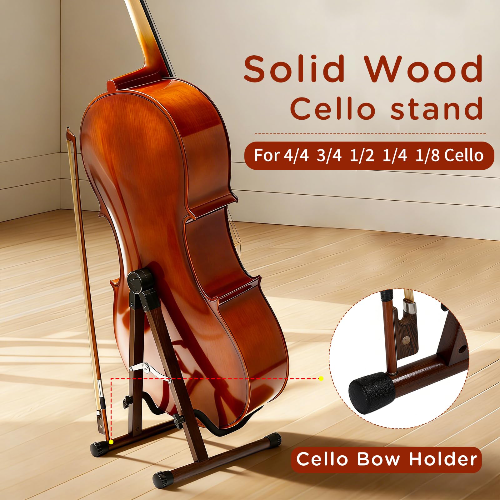 Cello Stand with Bow Holder, Wooden Stand for 1/2, 3/4, 7/8, 4/4 Full-Size, A-Frame Floor Cello Stand with Padded Foam and Non Slip Pad, Cello Display Stand (Black Walnut)