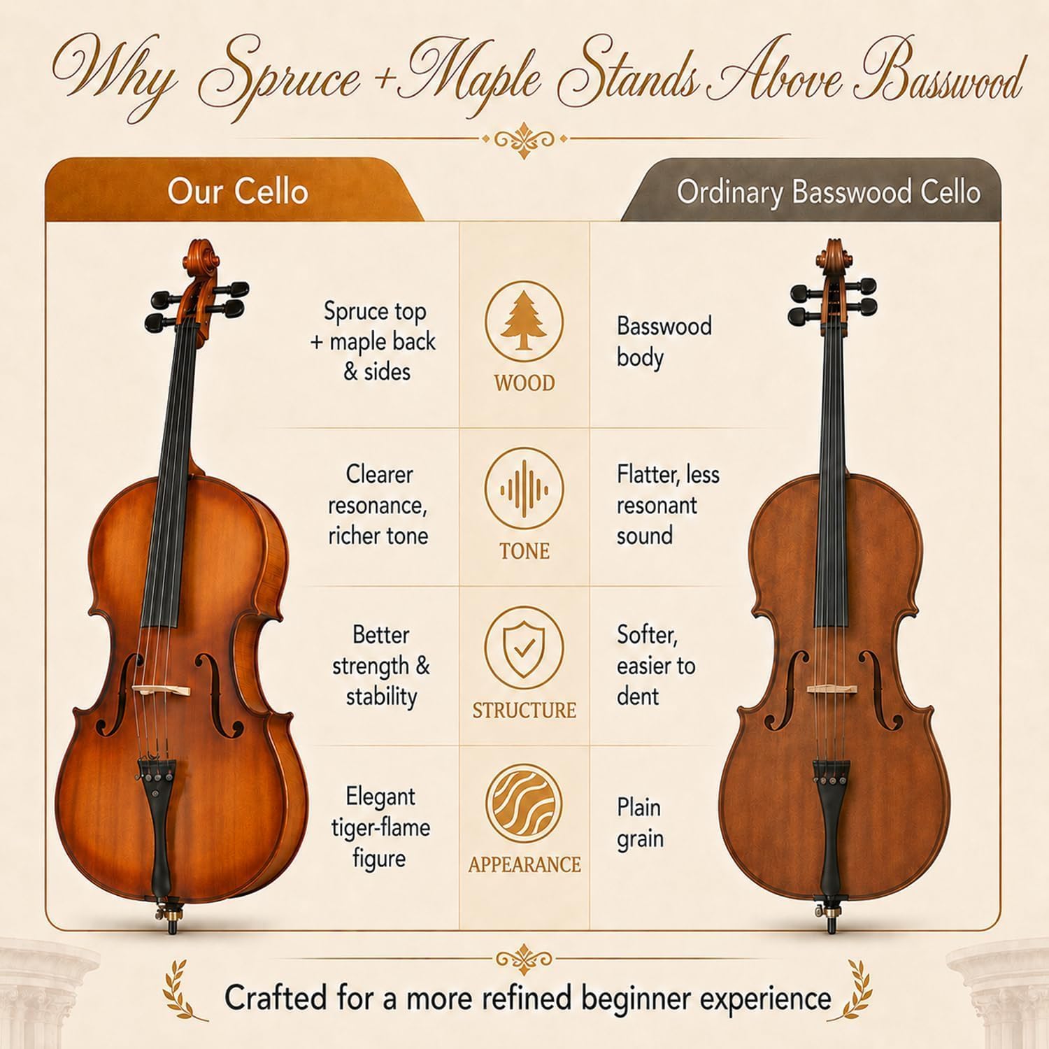 Cello 4/4 Full Size, Beginner Cello Instrument for Adults, Acoustic Cello Set with Padded Bag, Extra Strings, Bridge, Bow & Rosin – for Lessons, Home Practice & School Orchestra, Matte Natural