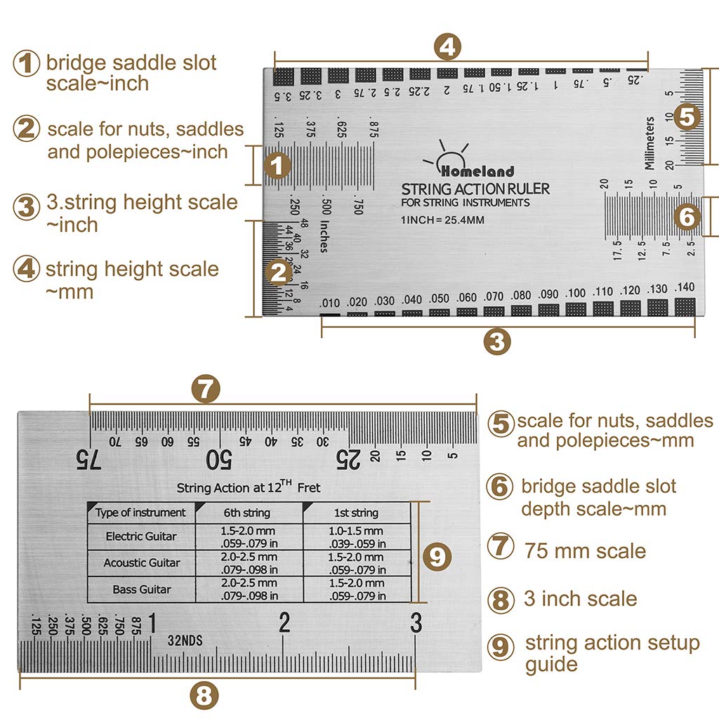 Alnicov Stainless Steel String Action Ruler Guitar Setup Gauge Luthier Measuring Tool with User Guide for Electric, Acoustic Bass Guitars