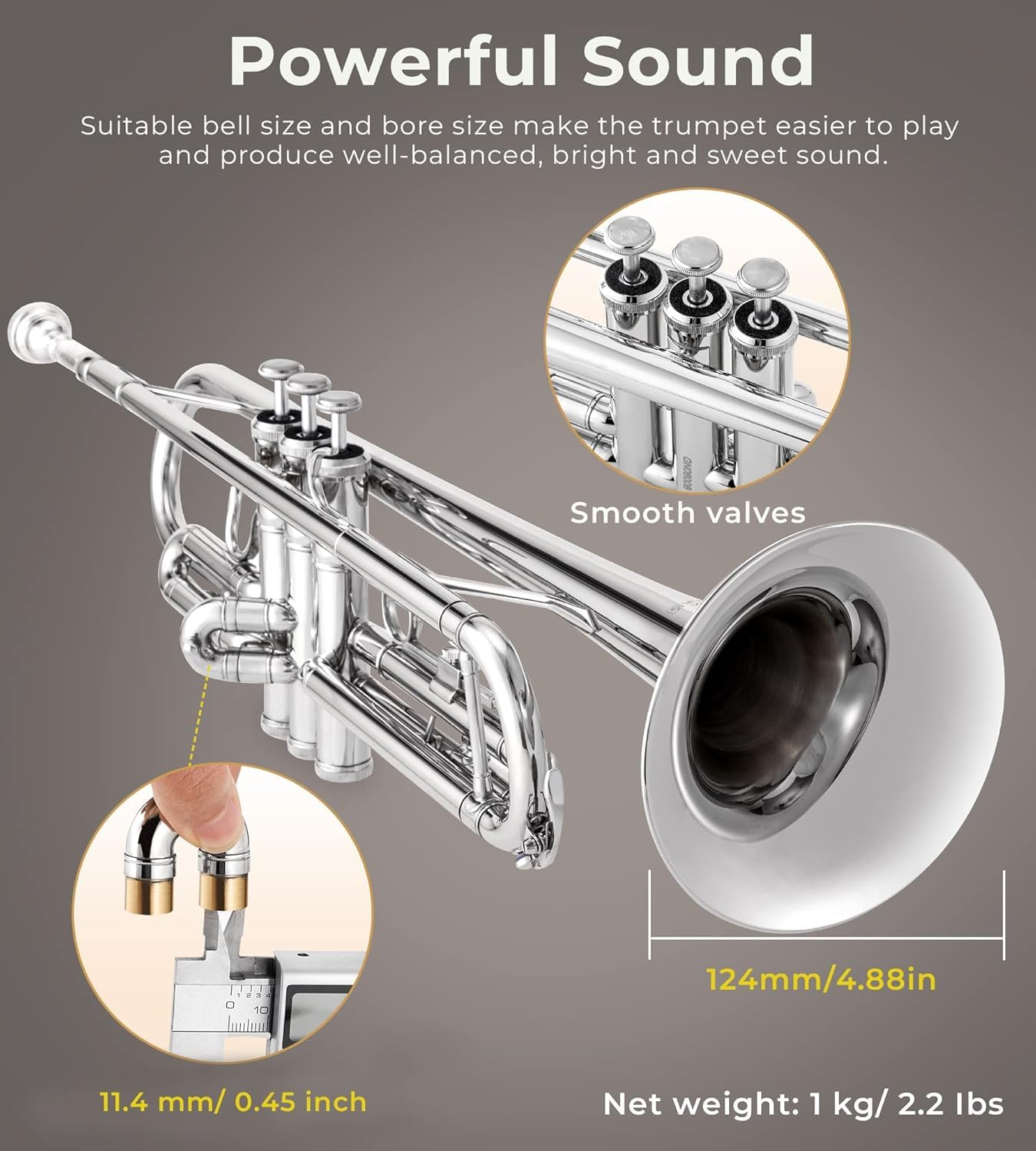 Vangoa Bb Trumpet Brass Standard Black Trumpet Instrument for Student School Band Orchestra Adult Kid Beginner with Hard Case, Stand, Cleaning Kit, White Gloves, Valve Oil and 7C Mouthpiece