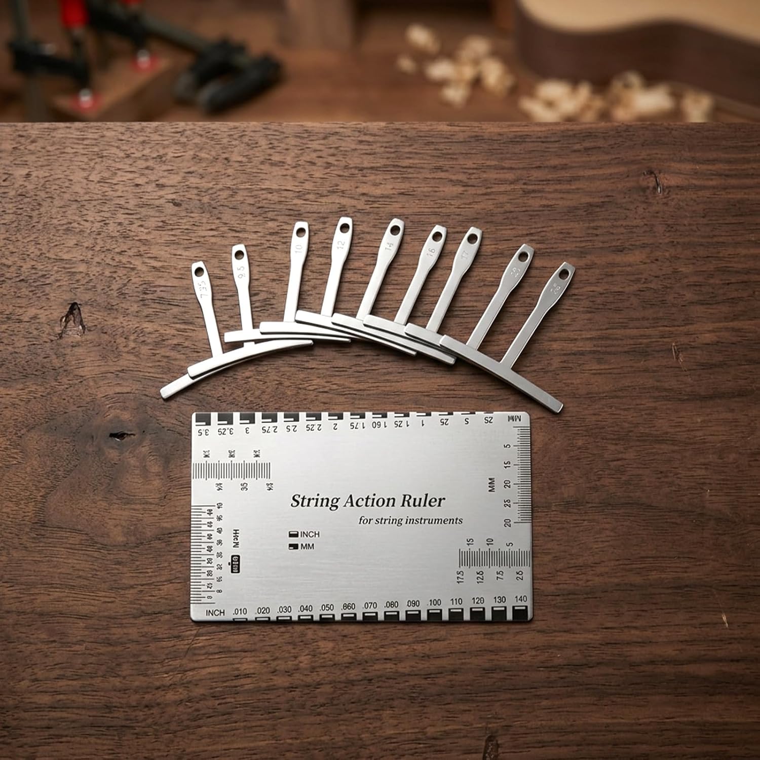 10 Pcs Guitar Luthier Tools Include 9 Pcs Understring Guitar Radius Gauge and 1 String Action Height Gauges Ruler Guitars String Action Gauge Ruler Tool for Guitars Bass Setup Repair Tools
