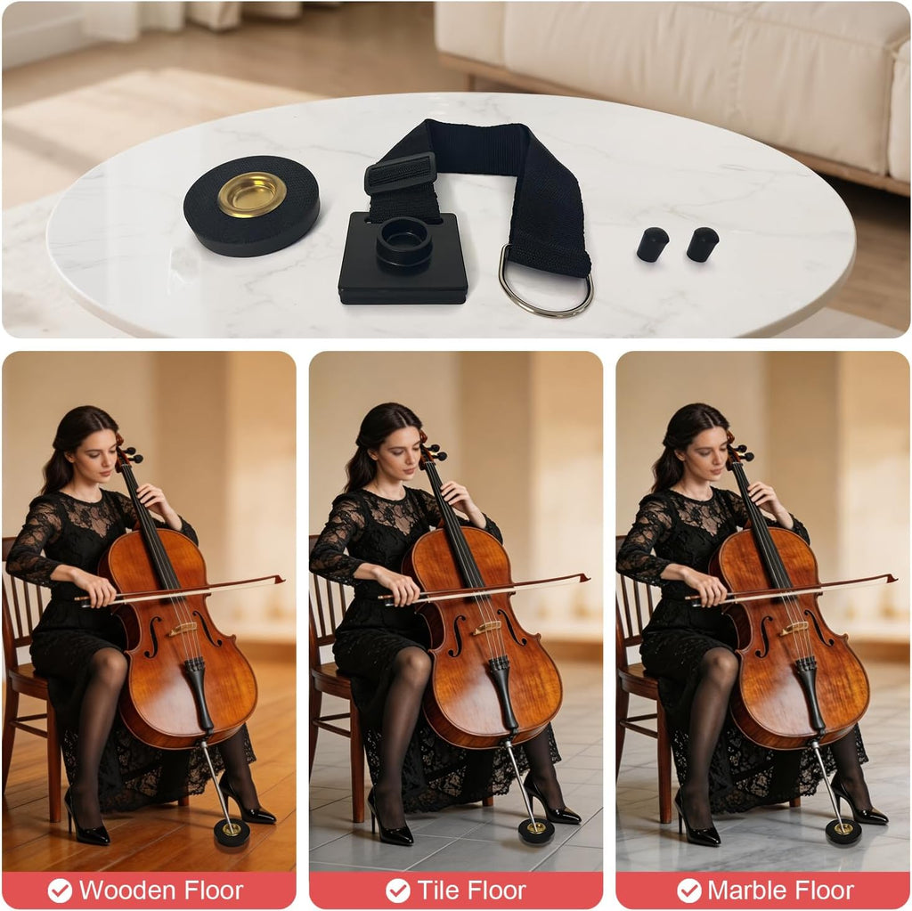 PINKDEER 4-Piece Cello Endpin Anchor Set: Cello Rock Stop with Reinforced Brass Cup & Anti-Slip Rubber Base, Cello Endpin Stopper with Adjustable Strap, 2 Cello Endpin Rubber Tip Floor Protectors