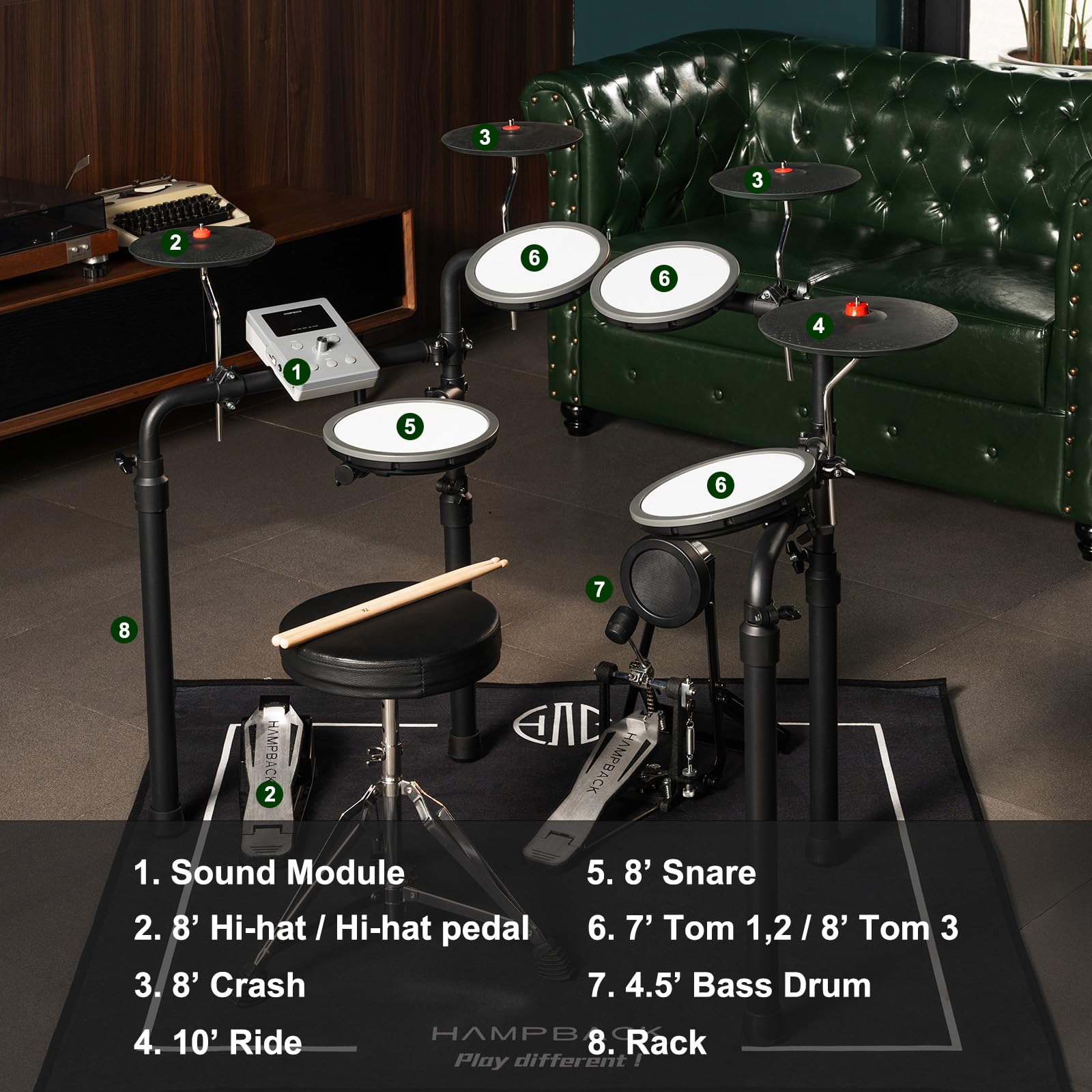 HAMPBACK MK-0 Electric Drum Set with 7'' Quiet Mesh Drum Pads, 8'' Full Rubber Cymbals, 12 Kits and 68 Authentic Sounds, USB MIDI, Throne, Sticks, Headphone, 2 Switch Pedals for Beginners & Kids