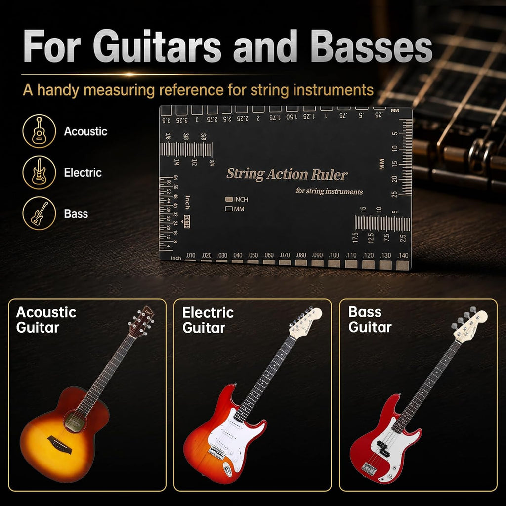 Guitar Luthier Tools Radius Gauge String Action Ruler Measuring Setup Kit | 9 radius size.Laser-engraved stainless steel.Matte finish reduces glare. w Cleaning Cloth Storage Case for Acoustic/Electric