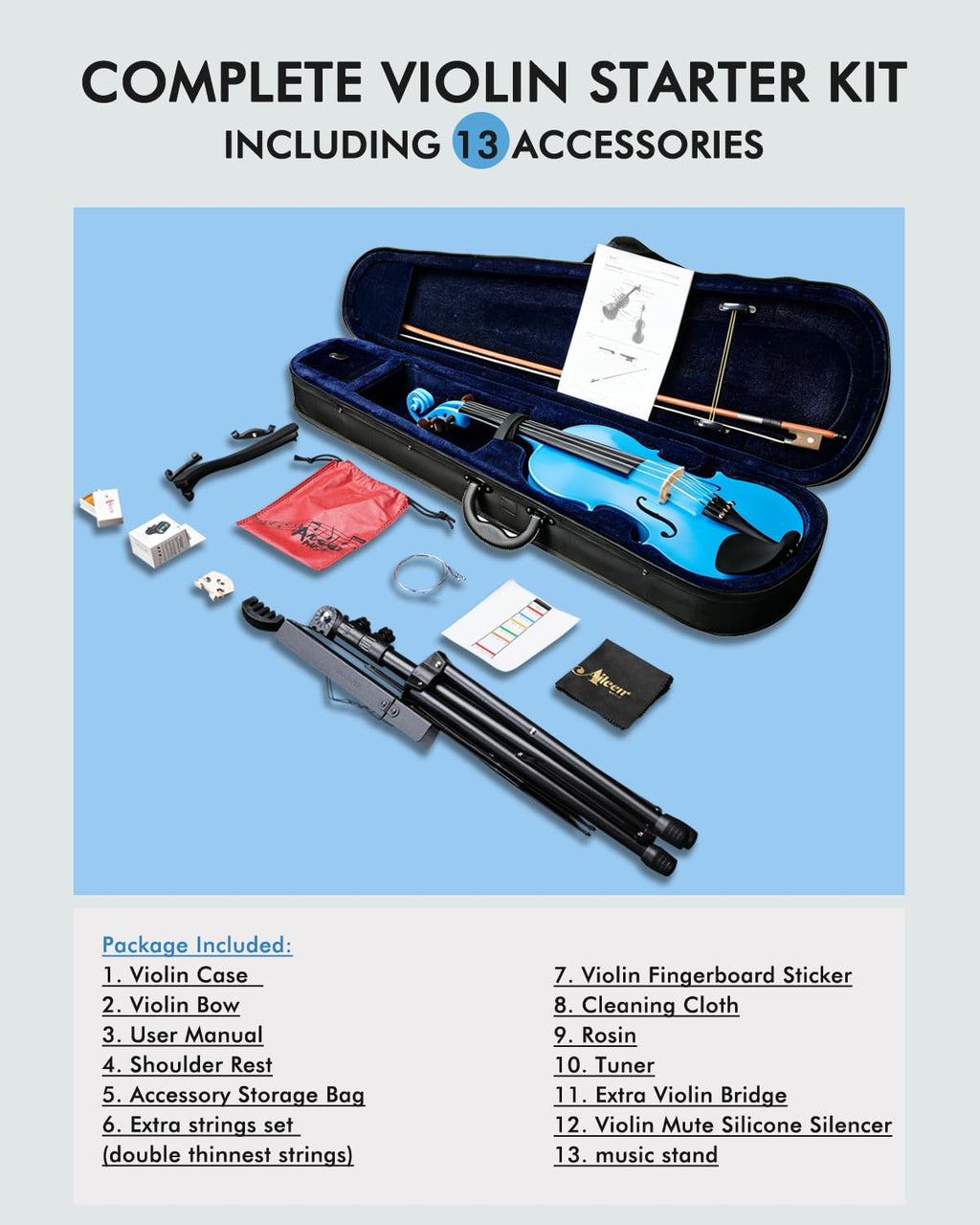 Aileen Violin 4/4 Full Size for Adults Beginners, Black Fiddle Starter Kit for Students Age 12+, including Music Stand, Unique New Fingerboard Sticker, Mute
