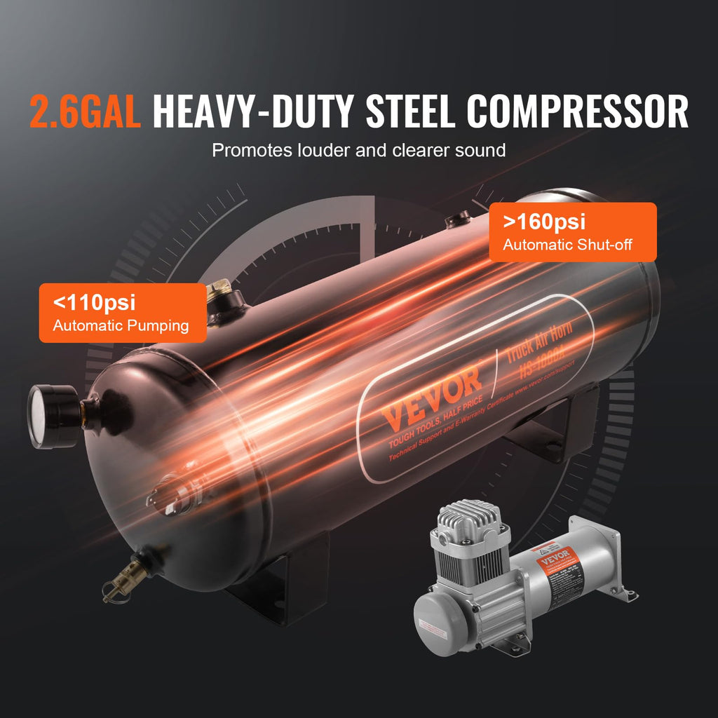 VEVOR 4 Trumpet Air Horn Kit, 150dB Train Horns for Pickup Trucks, 12V 120 psi Air Compressor 0.8 Gal/3 L Tank with Gauge for Any 12V Vehicle Car Truck Train Van Boat