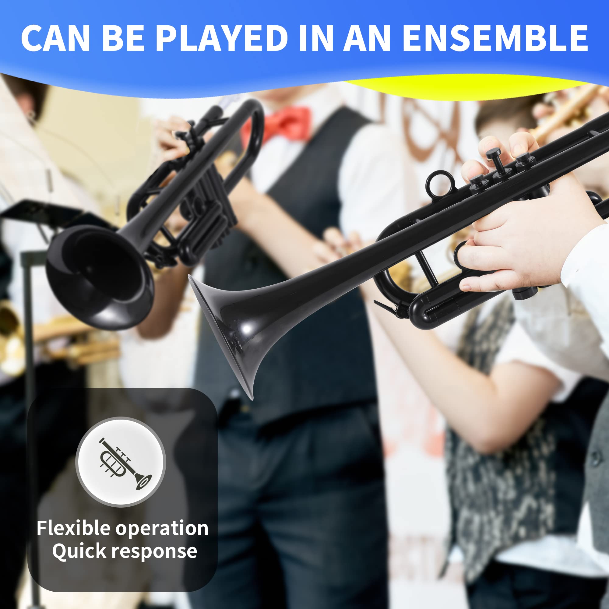 PAMPET Professional Plastic Bb Trumpet Standard Trumpet Set for Student Beginner With 7C Mouthpiece and 3C Mouthpiece, Bb Trumpet Instrument, Black,