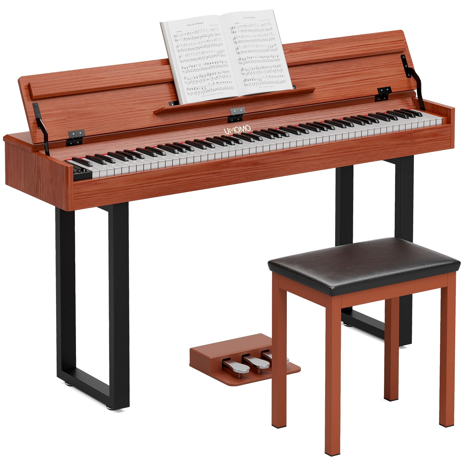 UMOMO 88 Key Weighted Digital Piano with Progressive Hammer Action, Metal Stand & Single Bench, Triple Pedals, USB MIDI, 128 Tones/Rhythms – Full Size Electric Keyboard for Beginners