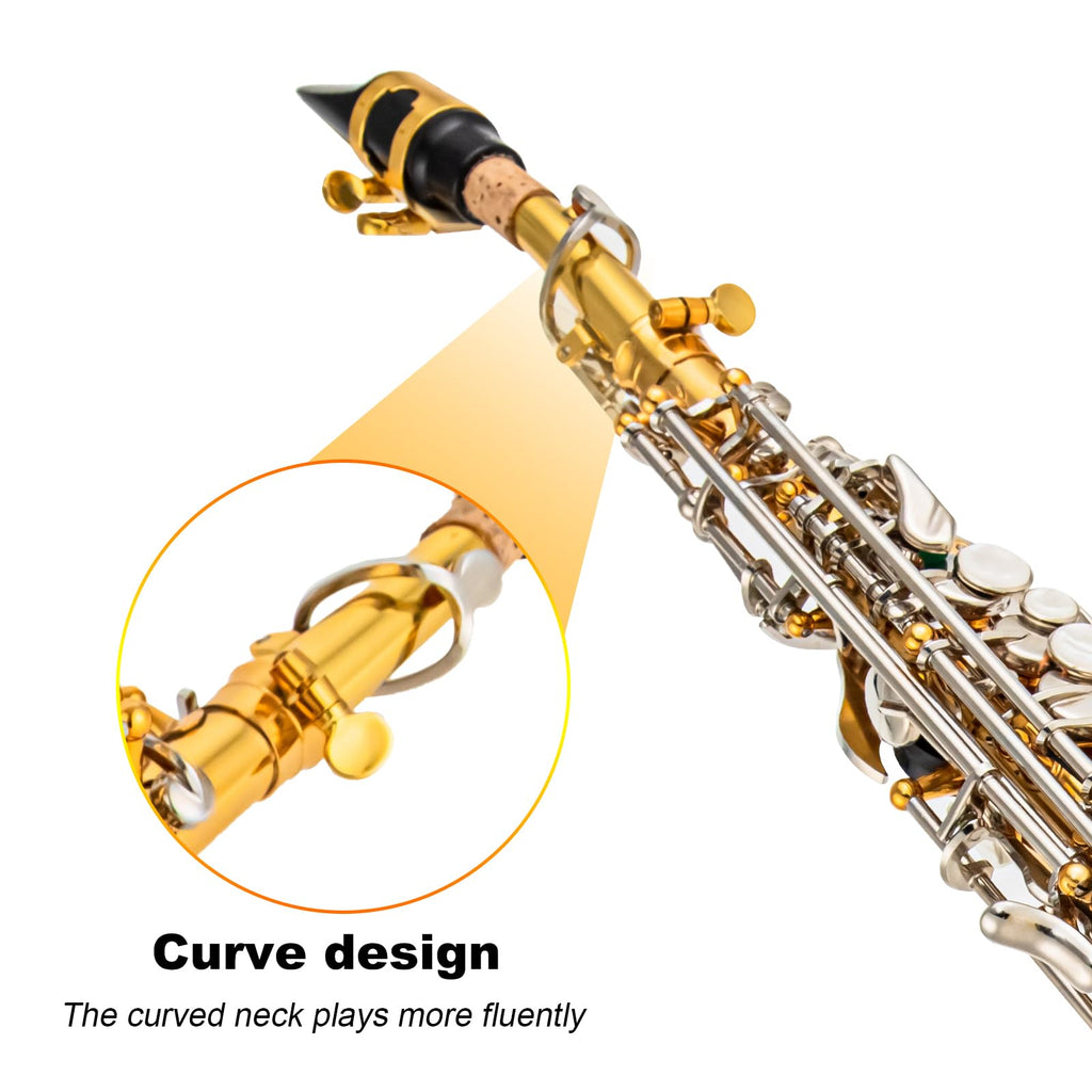 Bb Soprano Saxophone Straight Gold Laquer Sax Instruments for Beginners Students Intermediate Players with Carrying Case,White Gloves.Cleaning kit.neck Strap.Mouthpiece (Gold body nickel bond)