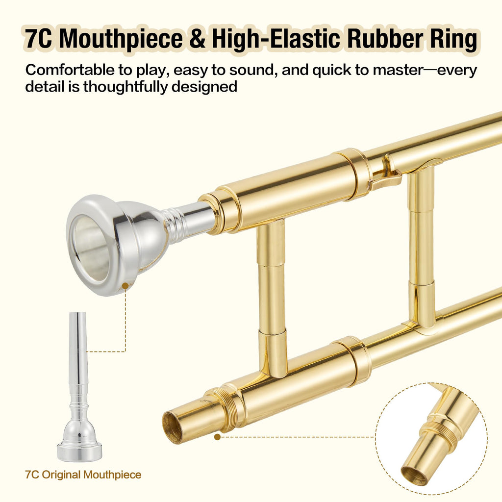 B Flat Alto Trombone, Brass Trombone with Gold Laquer, Includes Mouthpiece, Case, Cleaning Cloth, Gloves