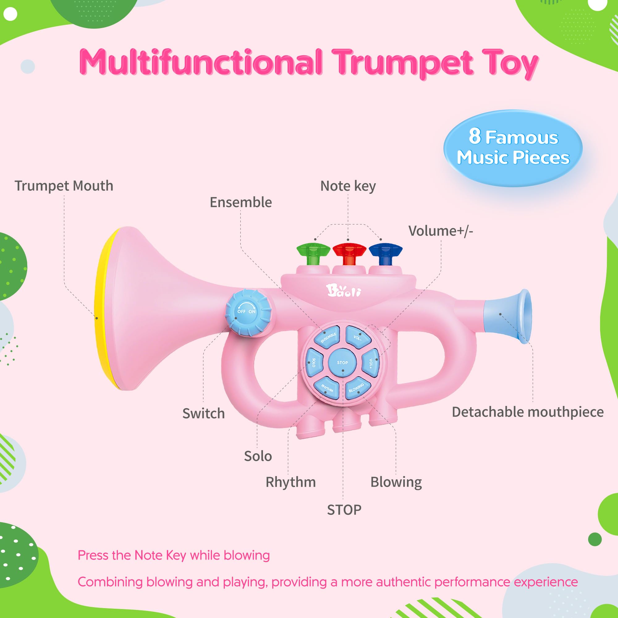 Generic Toddler Musical Trumpet Toy for Kids - 2026 Upgraded Musical Enlightenment Instrument Toy, Develops Musicality, for Boys Girls Ages 3 4 5 6 7 8, Pink